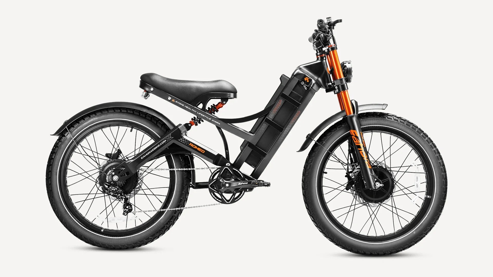 Eahora Romeo Pro II 2026 dual-motor moped-style electric bike in black, drive-side profile on studio background