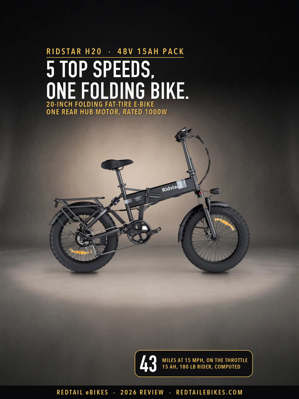 The Ridstar H20, a black folding fat-tire e-bike, from its drive side in a charcoal studio, under the headline 5 top speeds, one folding bike, with a badge reading 43 miles at 15 mph, on the throttle, 15 Ah, 180 lb rider, computed
