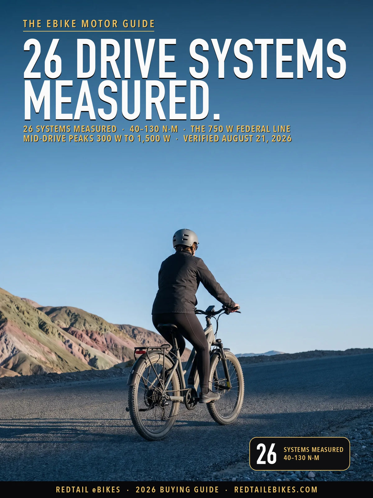 ebike motor cover: a rider on an electric bike at Artist's Drive, Death Valley National Park, California, with the headline 26 DRIVE SYSTEMS MEASURED and the stat 26 systems measured