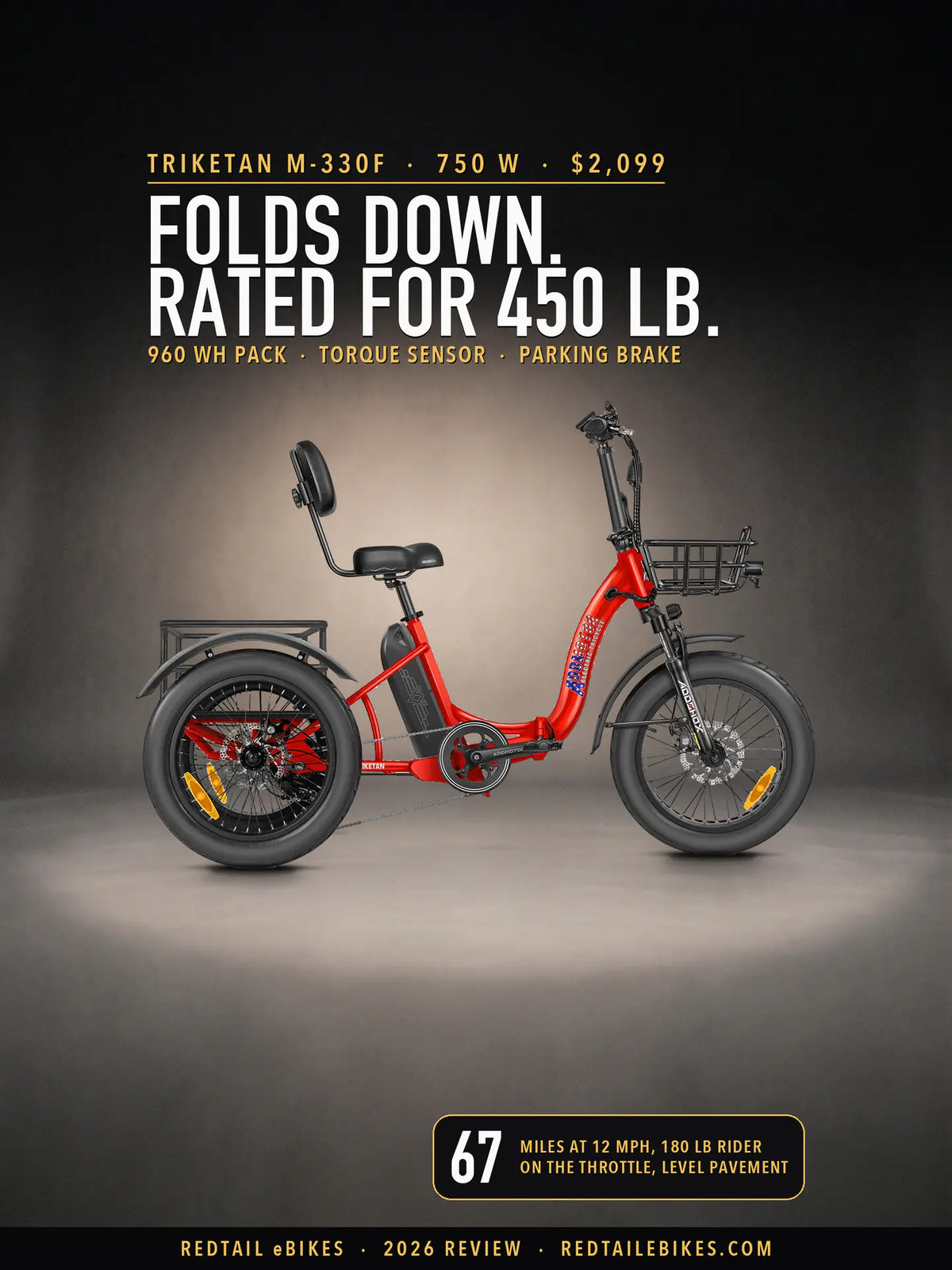 Addmotor Triketan M-330F in Candy Red standing side-on in a spotlit charcoal studio, under the headline Folds down. Rated for 450 lb. and a badge reading 67 miles at 12 mph