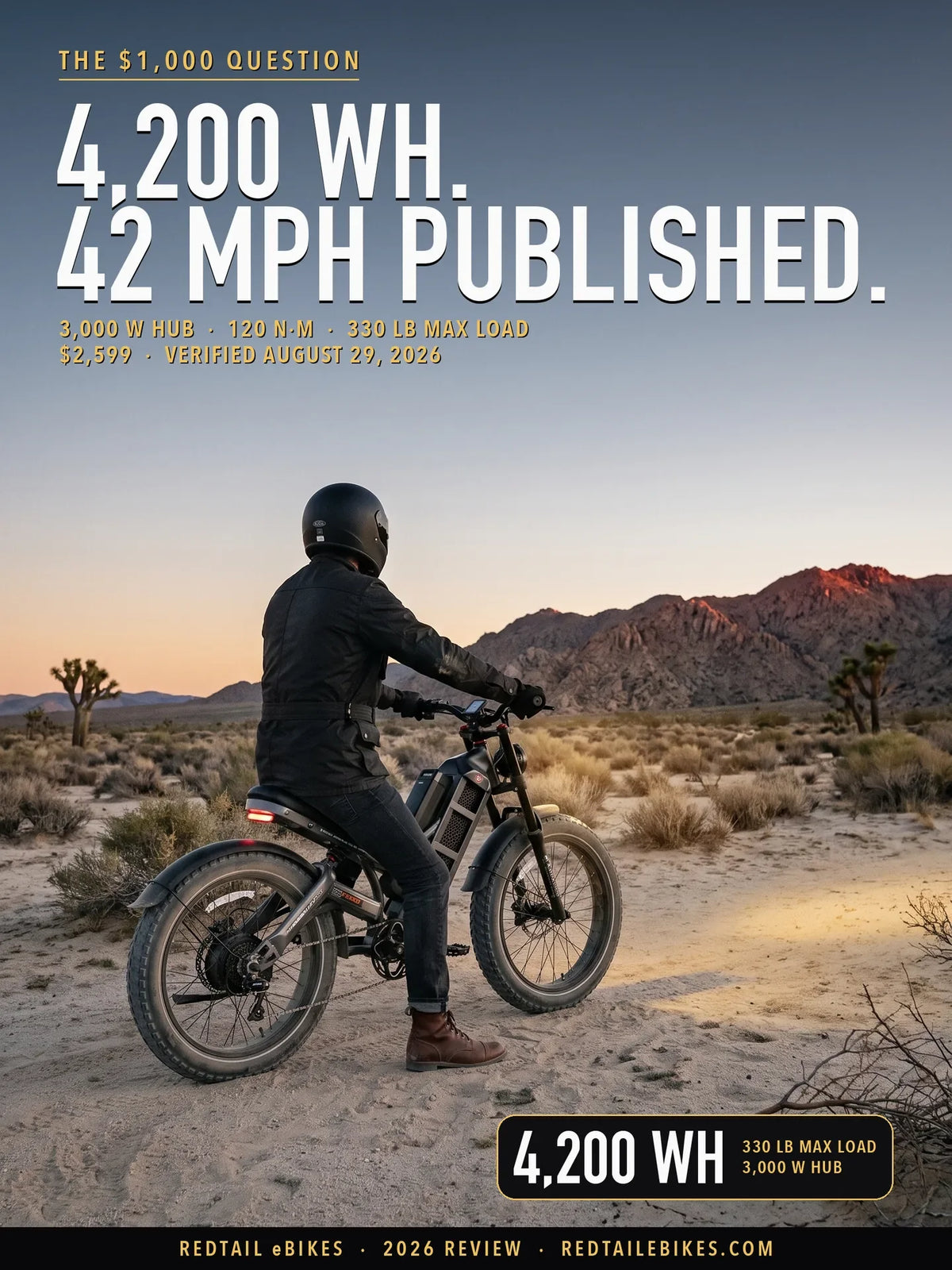 Eahora Romeo Ultra stopped on an open desert valley floor at dusk, rider seen from behind
