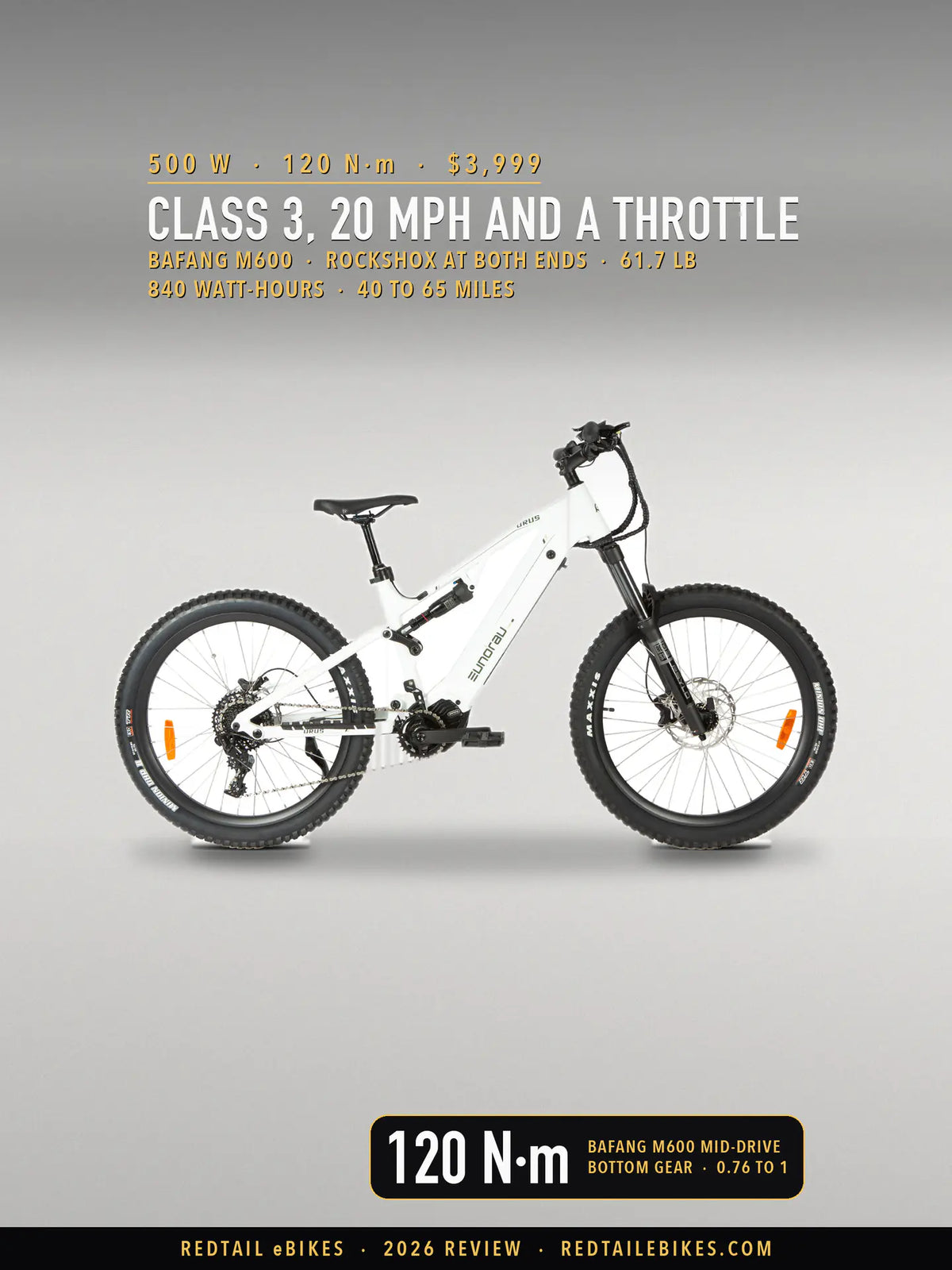 Eunorau URUS 2.0 full-suspension electric mountain bike in Cloud White, studio side profile showing the RockShox Psylo fork, Bafang M600 mid-drive motor and Maxxis Minion tires