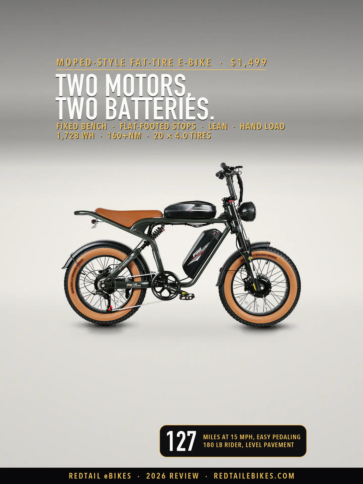 Samebike M20-III dual-motor fat-tire e-bike in DarkGreen on a light studio floor, drive-side profile with the SAMEBIKE tank battery above the top tube, the Pilot battery in the frame, the brown bench, the coil rear shock and tan-sidewall tires