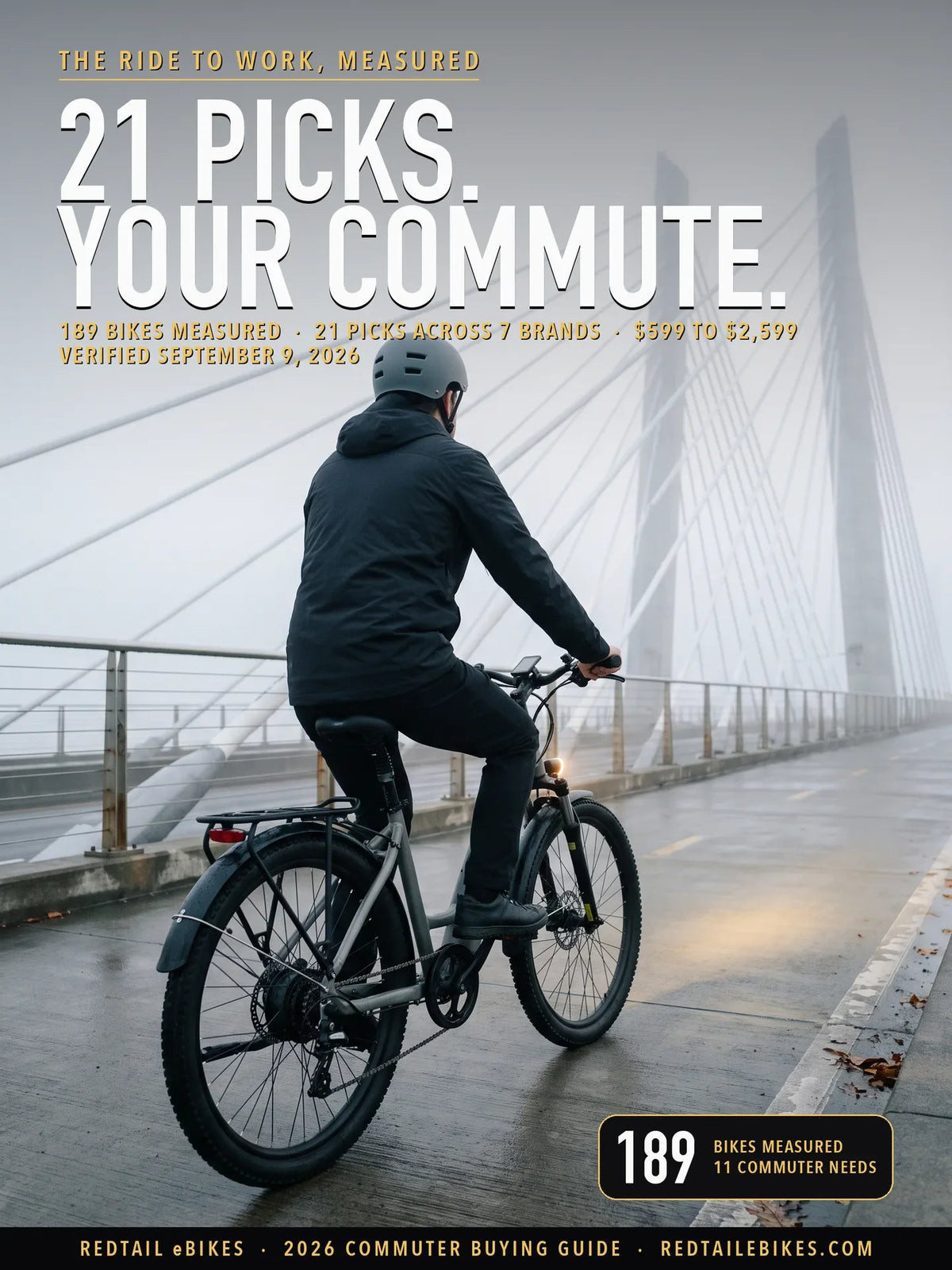 A commuter rolling away on a step-through electric bike along the cyclist path of Tilikum Crossing in Portland, Oregon, in pre-dawn river fog