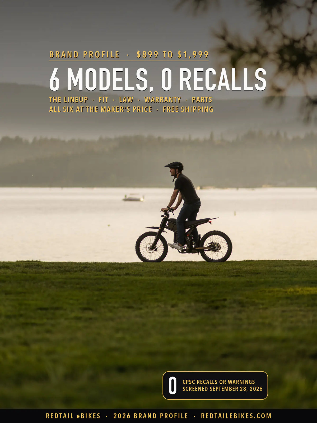 Riding'times GT73 Pro ridden along a lakeside lawn in evening haze, under the headline 6 models, 0 recalls