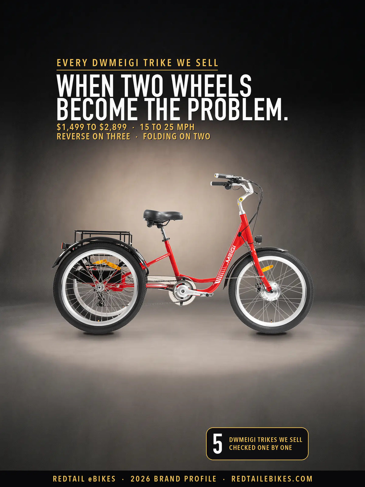 The DWMEIGI MG708 Hera in Red on a dark studio floor, side view, under the headline When two wheels become the problem, with $1,499 to $2,899 and 15 to 25 mph, and a badge reading 5 DWMEIGI trikes we sell, checked one by one