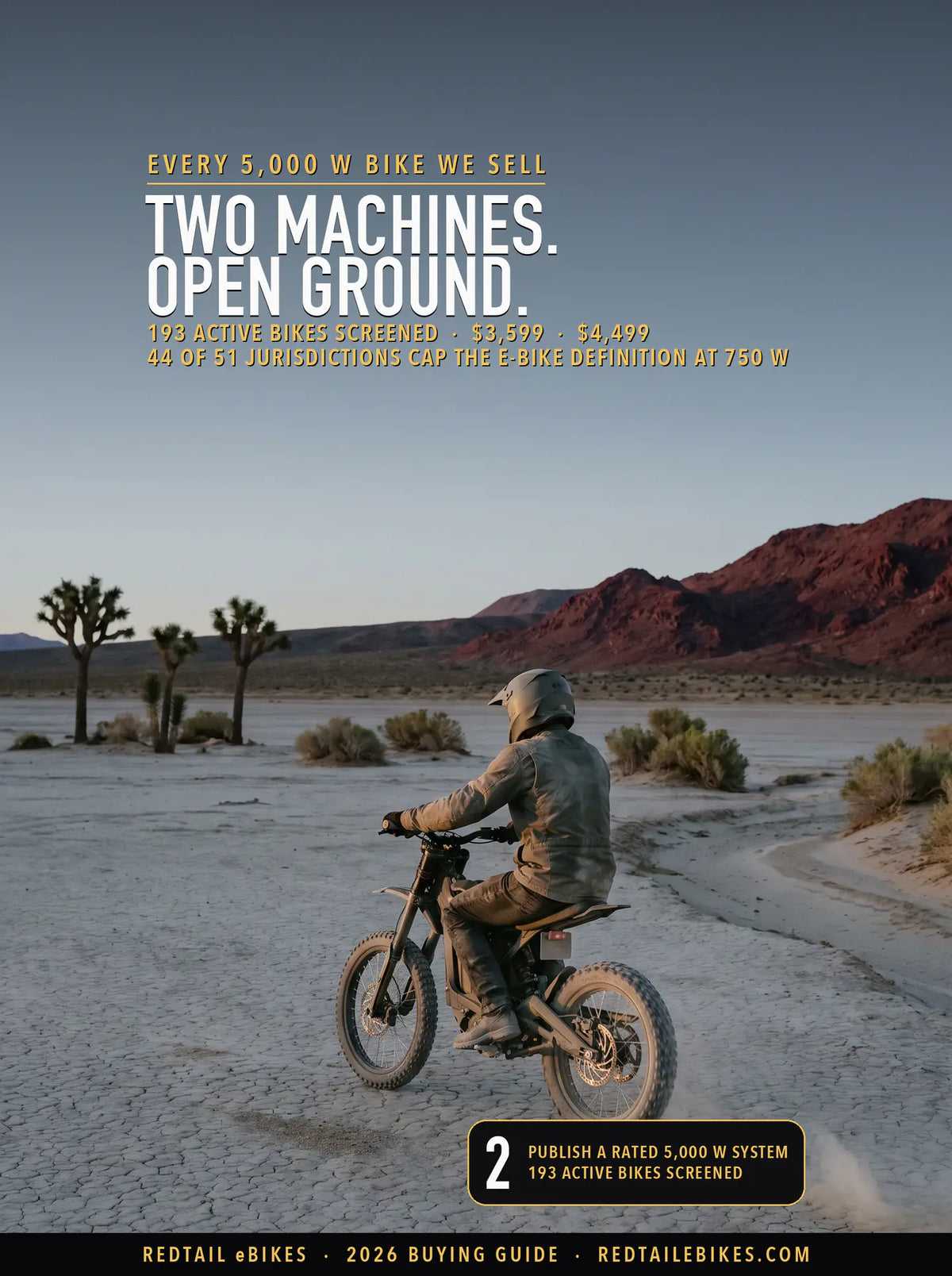 A rider on a high-power electric off-road motorbike crossing a dry lakebed in the Johnson Valley OHV area at first light
