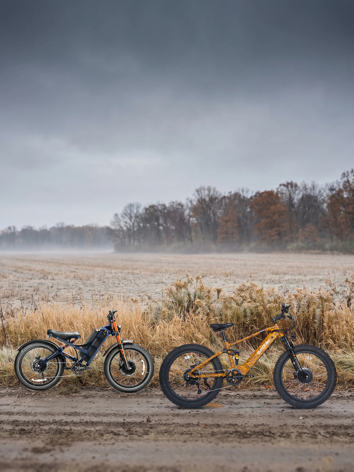 hunting ebike guide banner: an Eahora Romeo Ultra II in blue and a Eunorau DEFENDER S 2.0 in Dry Grass Camo parked on a farm lane at the edge of a frosted, harvested field, a misty treeline under a heavy overcast sky