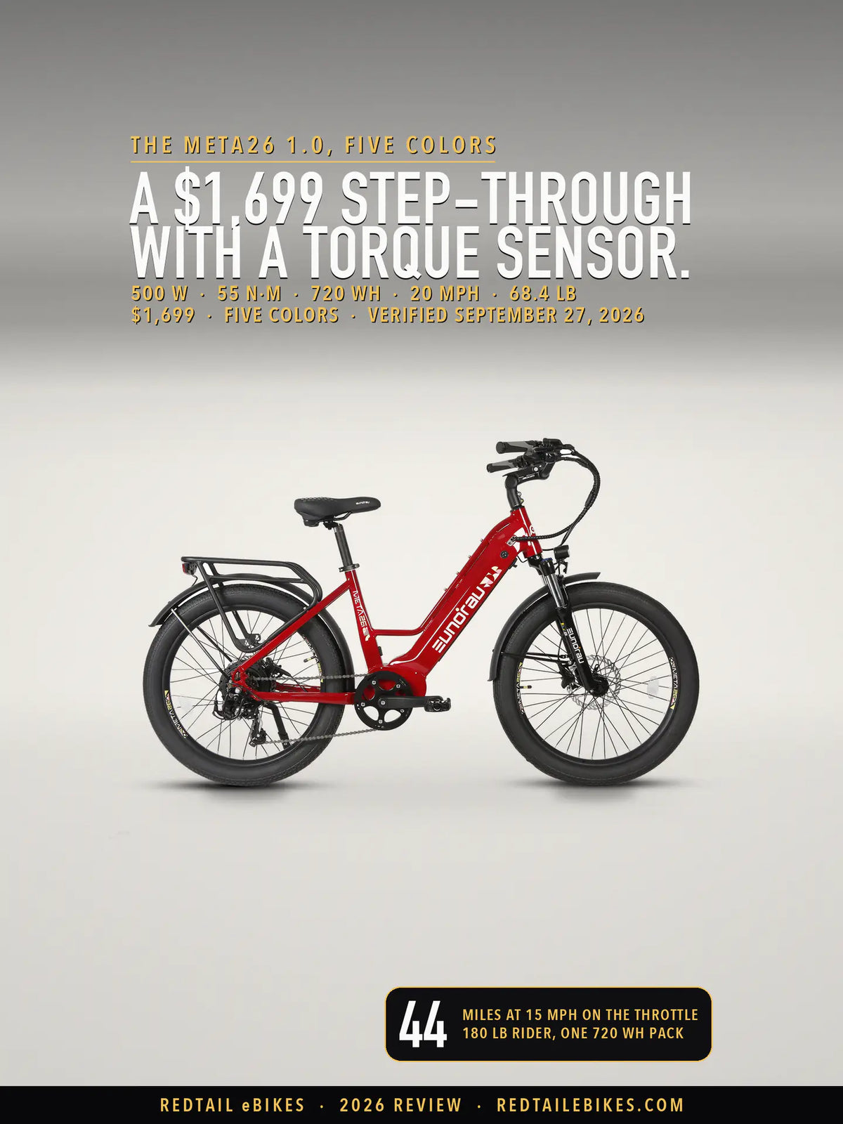 The Eunorau META26 1.0 step-through city e-bike in Deep Crimson, drive side, on a light studio floor