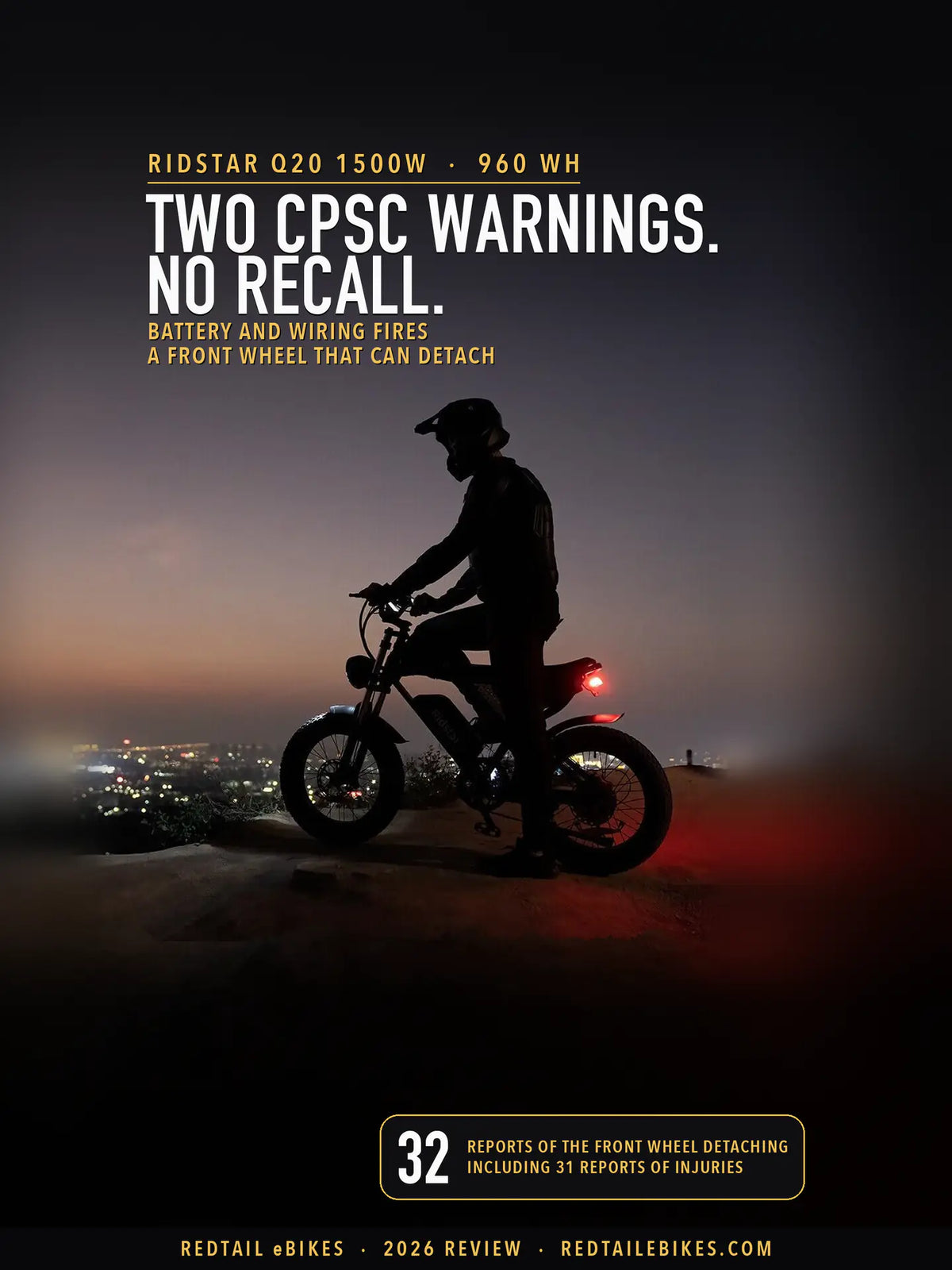 A rider in a motocross helmet sits on a black Ridstar Q20 on a dirt hilltop at dusk above a city's lights, under the headline Two CPSC warnings. No recall. and a badge reading 32 reports of the front wheel detaching, including 31 reports of injuries