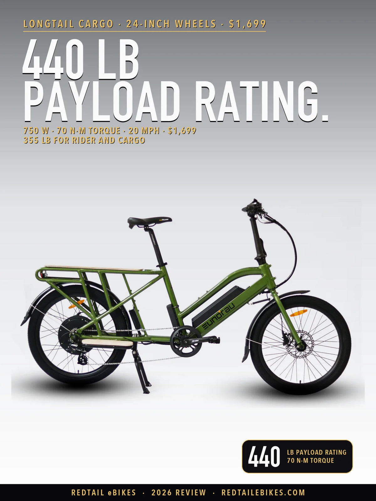 Eunorau MAX-CARGO 2.0 electric cargo bike in Green, studio profile showing the long-tail frame, rear cargo rack, wood deck and 24 by 2.4 inch tires