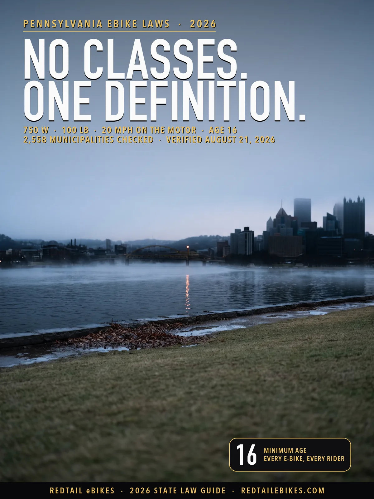 Pennsylvania e-bike law 2026 cover: no classes, one definition, 750 W, 100 lb, 20 mph on the motor, age 16, over the rivers at Point State Park in Pittsburgh
