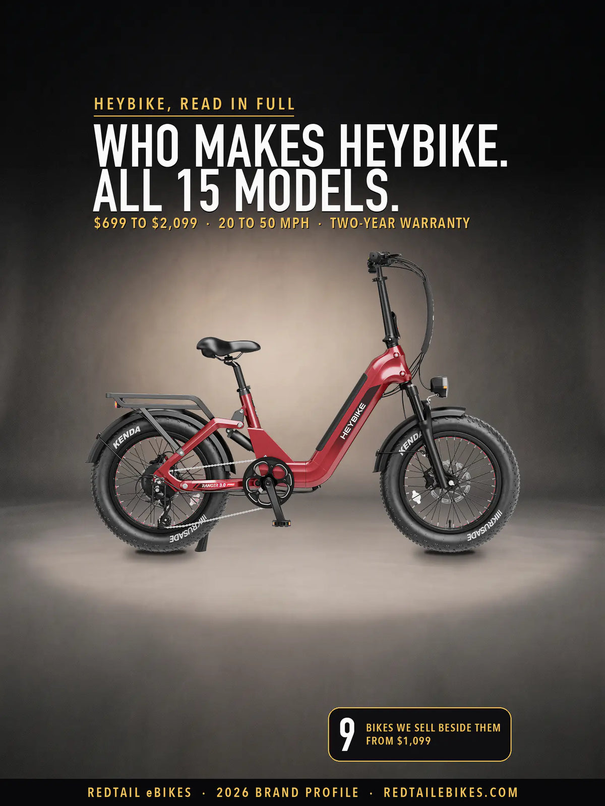 Heybike's own photograph of its Ranger 3.0 Pro in Ruby Red in a studio scene we generated, under the headline Who makes Heybike. All 15 models., with $699 to $2,099 · 20 to 50 mph · two-year warranty and a badge: 9 bikes we sell beside them, from $1,099