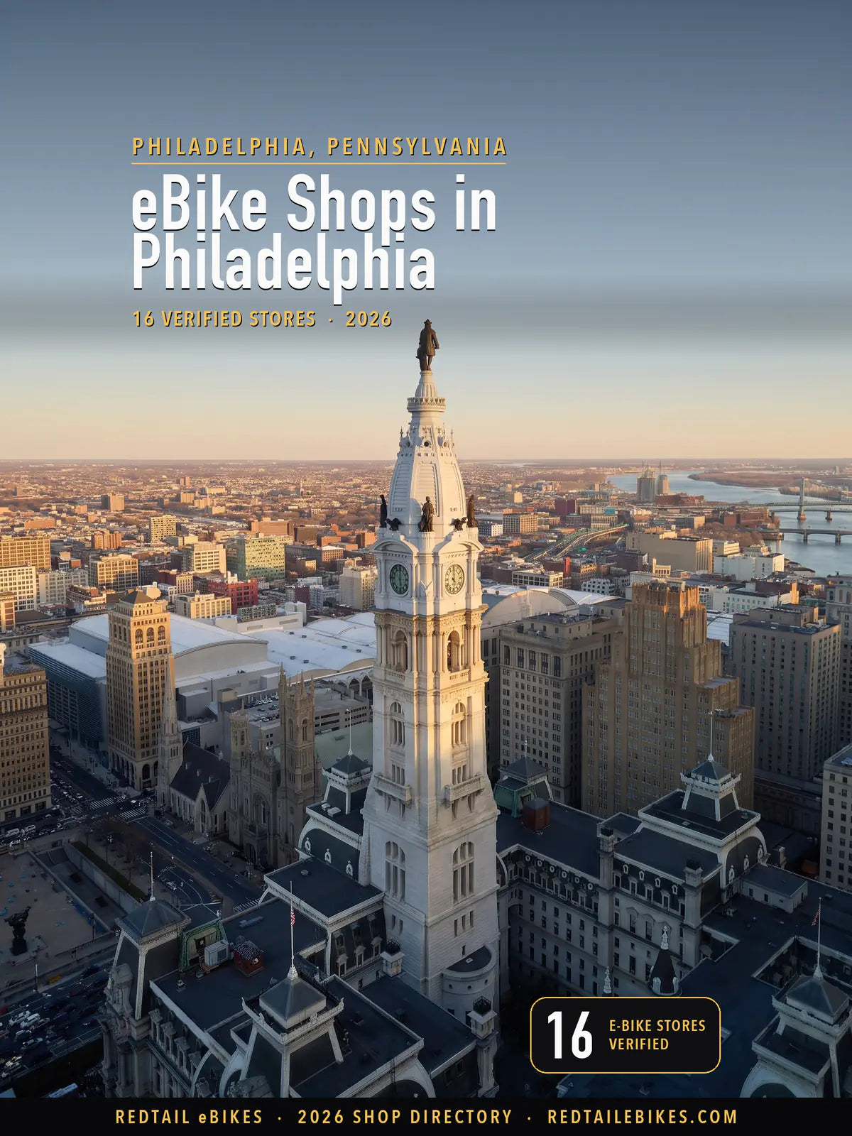 Cover reading eBike Shops in Philadelphia, 16 verified stores, over the tower of Philadelphia City Hall with the statue of William Penn on top, above the city's rooftops in low sun