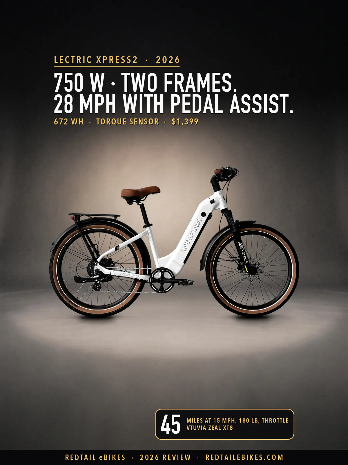 Lectric XPress2 review cover: 750 W in two frames, 28 mph with pedal assist, over the VTUVIA Zeal XT8 in Glacier White, one of the two bikes we sell beside it, VTUVIA's own photograph set in a generated studio