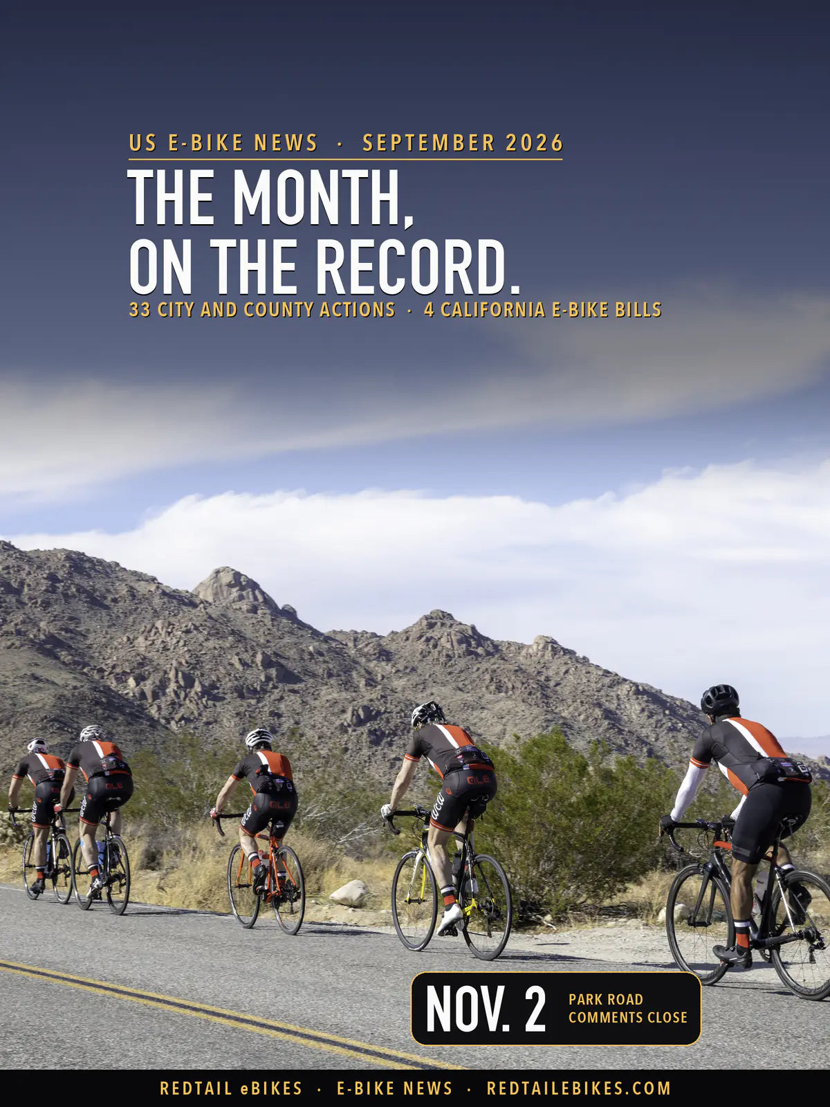 US E-Bike News, September 2026 cover: five cyclists ride Park Boulevard toward rocky mountains in Joshua Tree National Park, under the headline THE MONTH, ON THE RECORD.