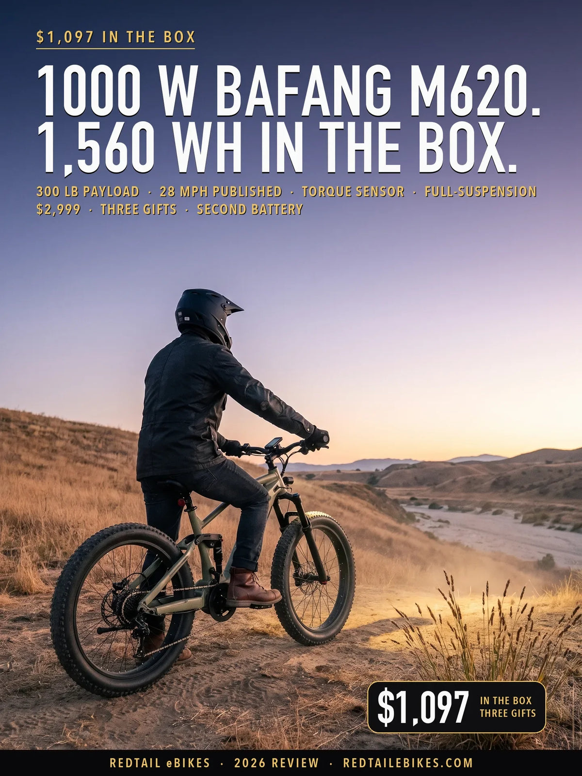 Eunorau SPECTER-S 3.0 stopped on a grass hillside at dawn, rider seen from behind