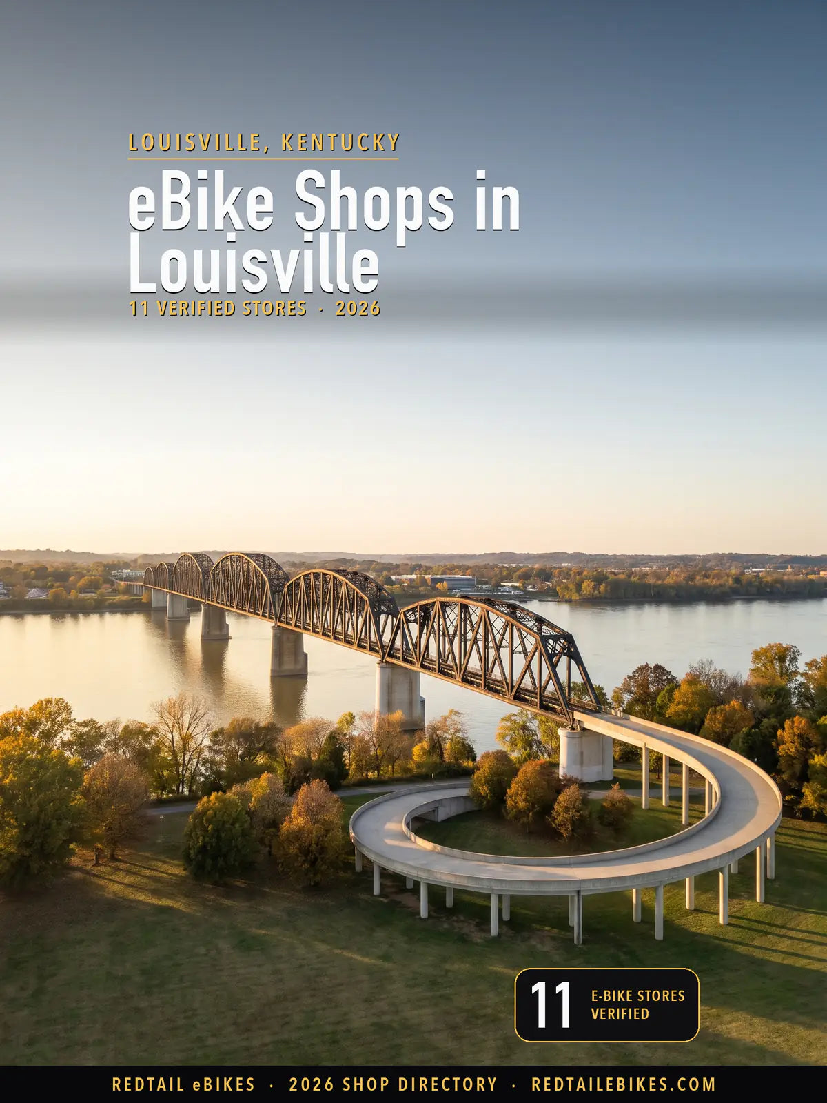 Cover reading eBike Shops in Louisville, 11 verified stores, over the Big Four Bridge crossing the Ohio River from Waterfront Park in warm evening light
