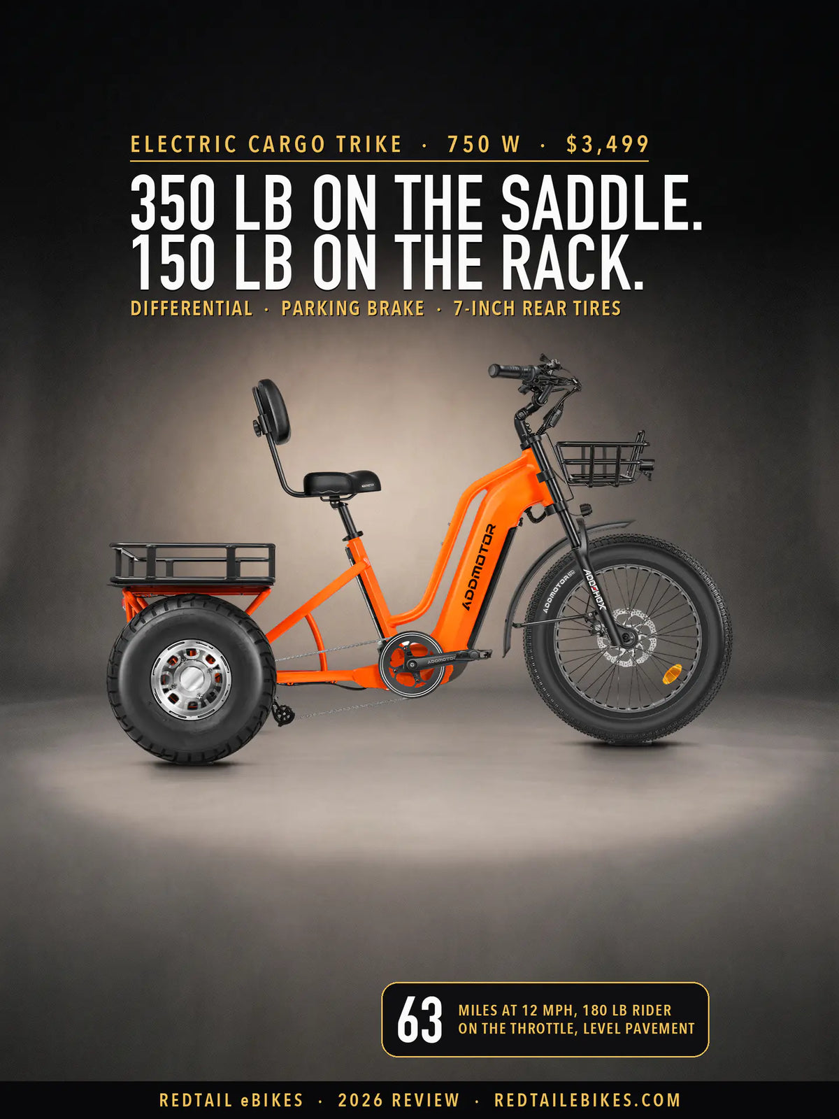 Addmotor Greattan D in Orange standing side-on in a spotlit charcoal studio, under the headline 350 lb on the saddle. 150 lb on the rack. and a badge reading 63 miles at 12 mph