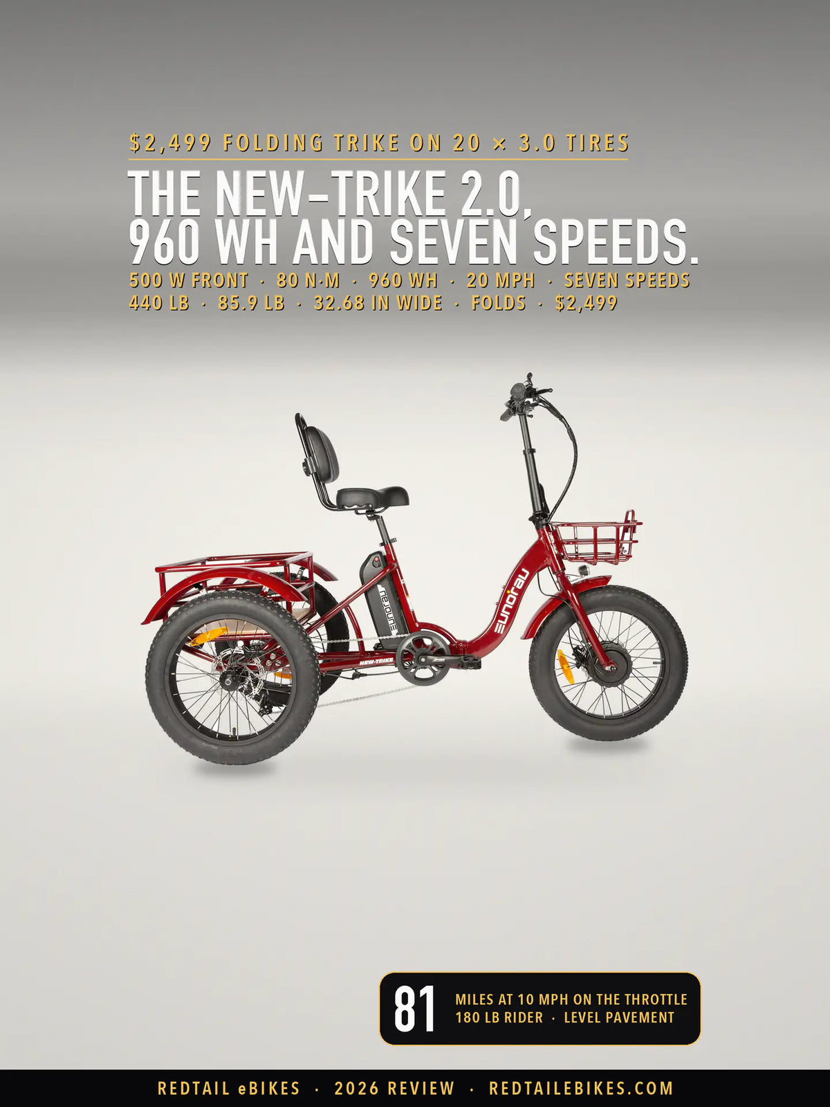 The Eunorau NEW-TRIKE 2.0 electric trike in Deep Crimson, drive side, on a light studio floor