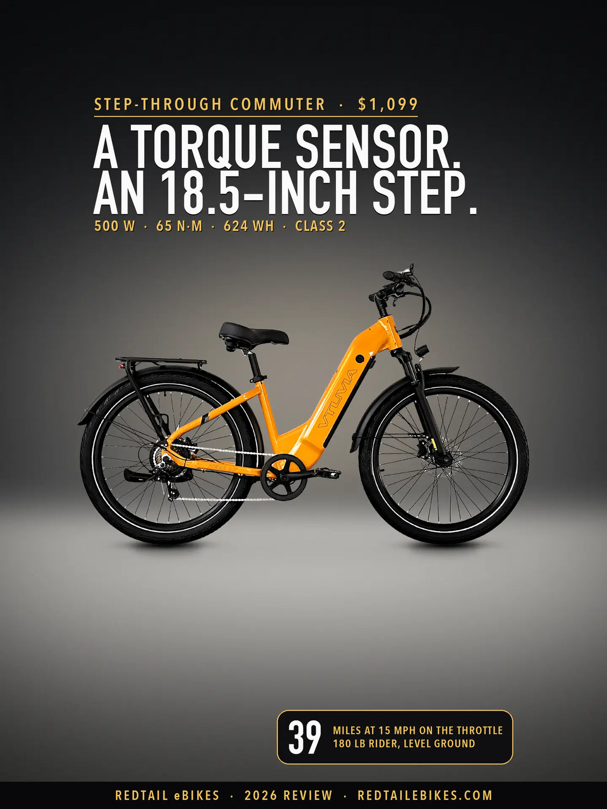 VTUVIA Zeal LT7 in Lemon Yellow on a lit studio floor against a dark wall, side view, under the headline A torque sensor. An 18.5-inch step. and a badge reading 39 miles at 15 mph on the throttle, 180 lb rider, level ground