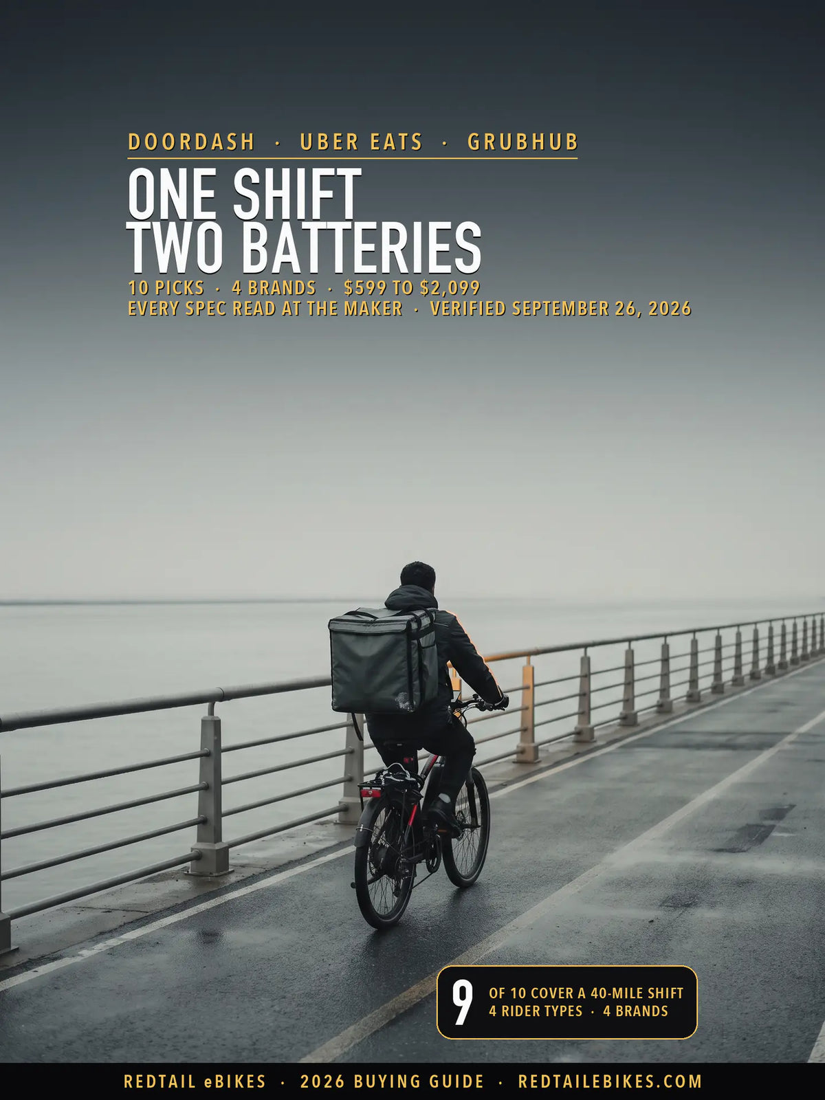 A food-delivery courier riding an electric bike with an insulated delivery bag along a waterfront path at first light
