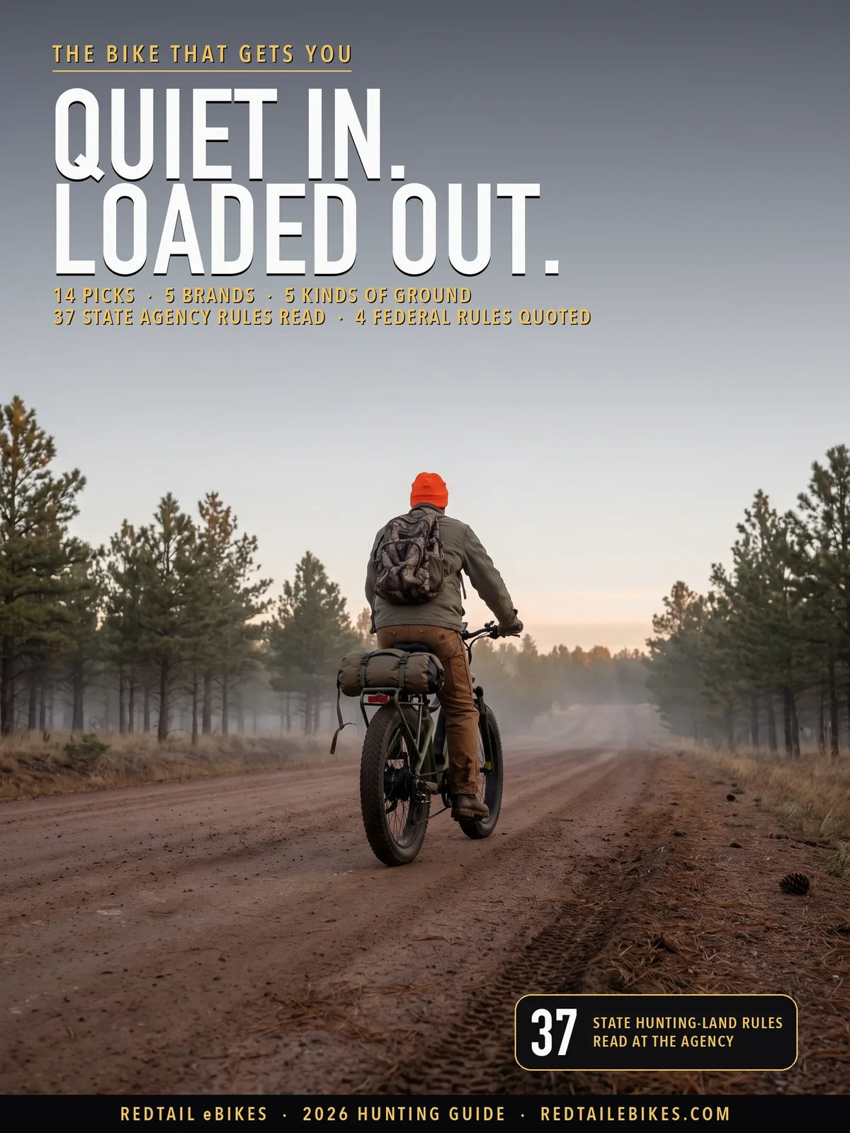 hunting ebike cover: the Eunorau SPECTER-S 3.0 fat-tire hunting e-bike leaning against a tree in a stand of timber, with the headline QUIET IN. LOADED OUT.