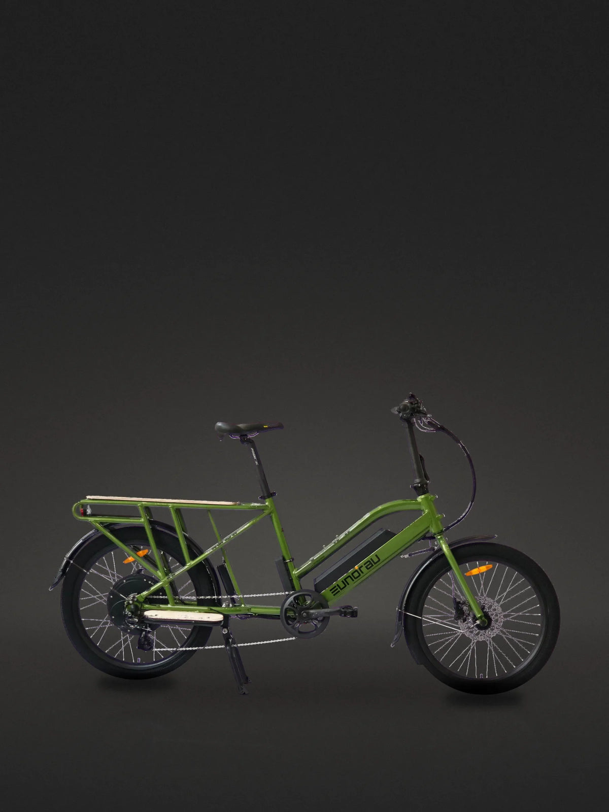 Lectric XPedition 2.0 review: the long-tail cargo e-bike we sell next to it, the Eunorau MAX-CARGO 2.0 in Green, standing on a dark studio floor