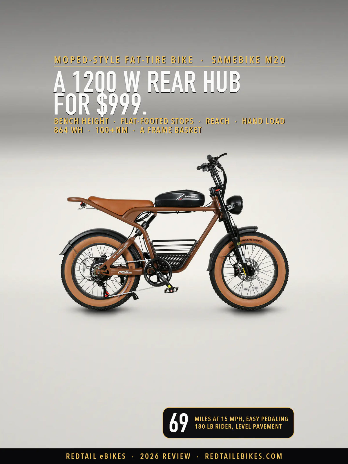 Samebike M20 fat-tire e-bike in Peru on a light studio floor, drive-side profile with the SAMEBIKE tank battery above the top tube, the brown bench, the coil rear shock, the wire basket in the frame and tan-sidewall tires