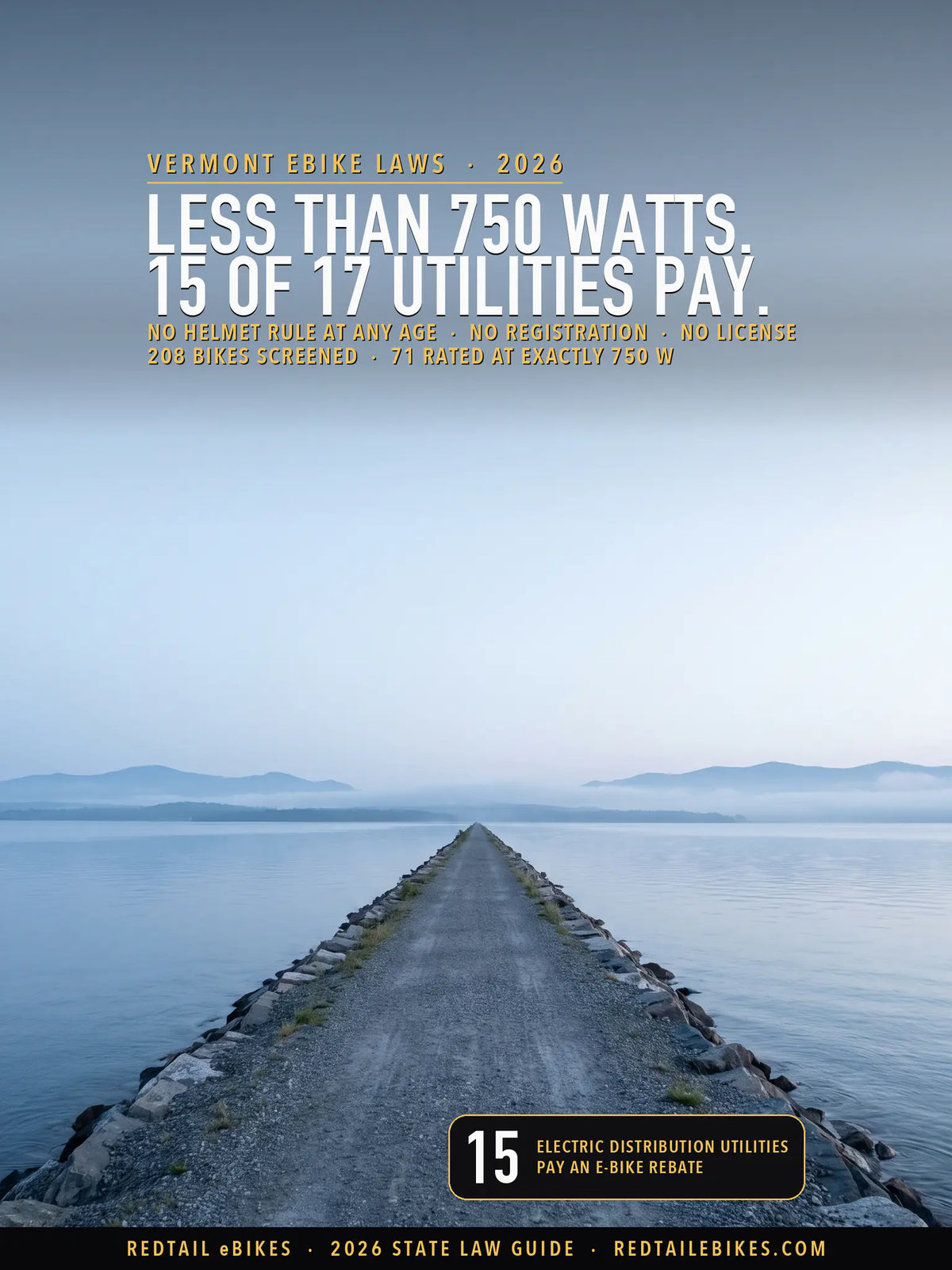 Vermont eBike Laws 2026 cover: the headline LESS THAN 750 WATTS over the Colchester Causeway on Lake Champlain at first light, a narrow gravel path on a stone embankment running straight out across still water toward hazy mountain ridges