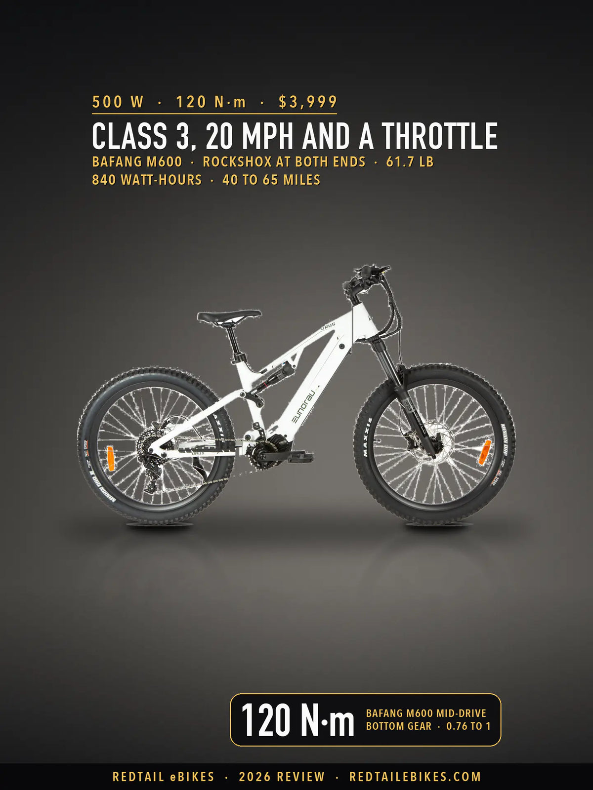 Eunorau URUS 2.0 full-suspension electric mountain bike in Cloud White, studio side profile showing the RockShox Psylo fork, Bafang M600 mid-drive motor and Maxxis Minion tires