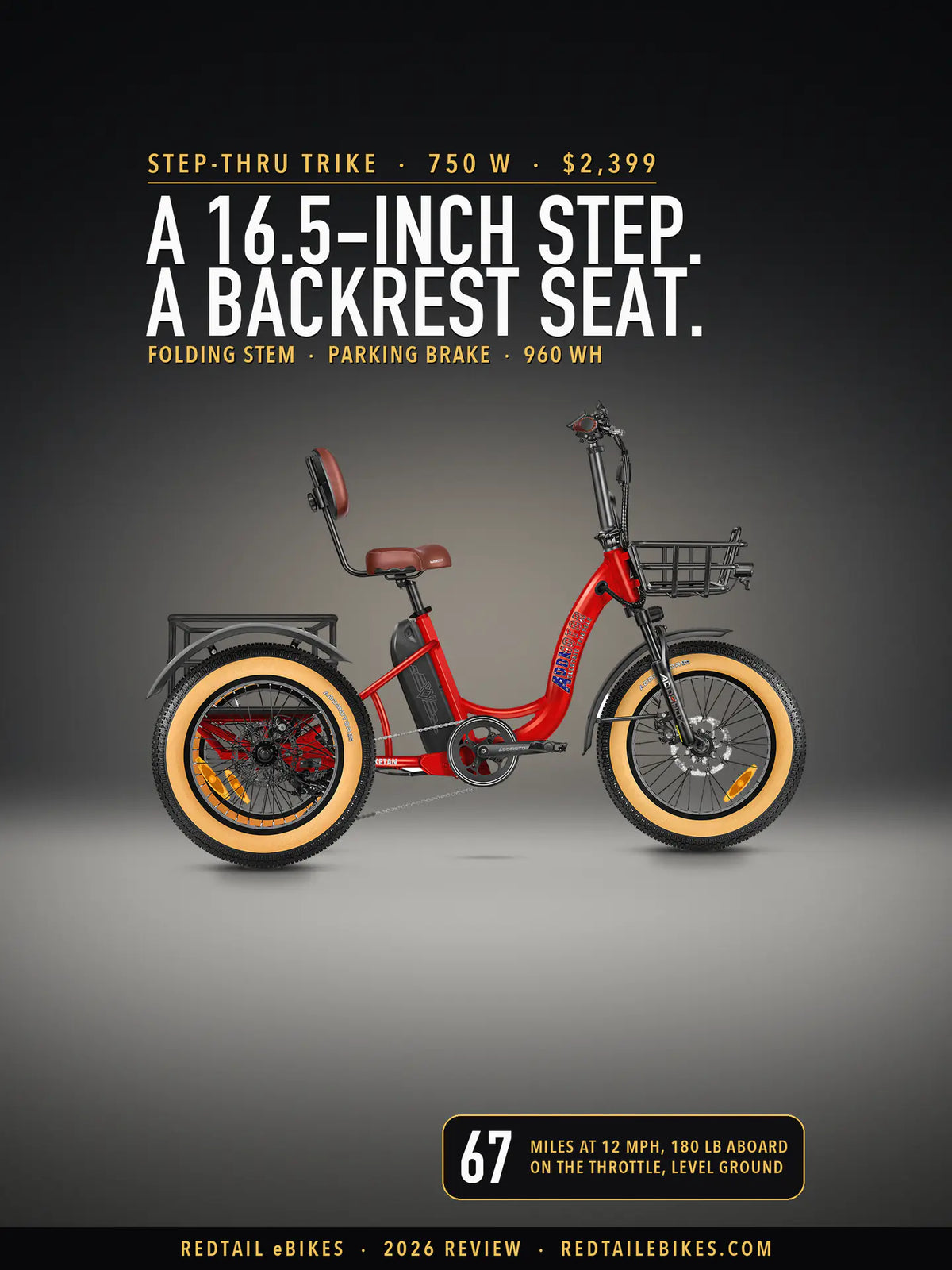 Addmotor Triketan M-330 step-through trike in Candy Red on a lit studio floor, side view, under the headline A 16.5-inch step. A backrest seat. and a badge reading 67 miles at 12 mph, 180 lb aboard, on the throttle, level ground