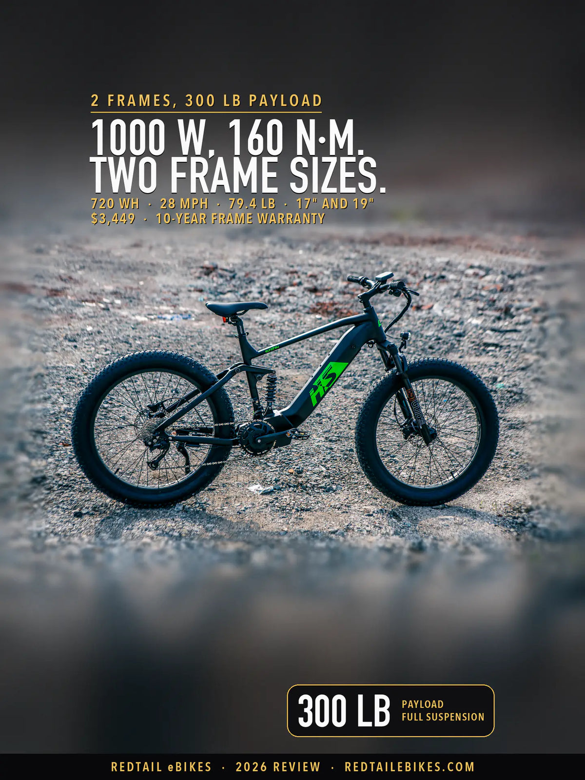 The Eunorau FAT-HS full-suspension fat-tire e-bike, drive side, on loose gravel