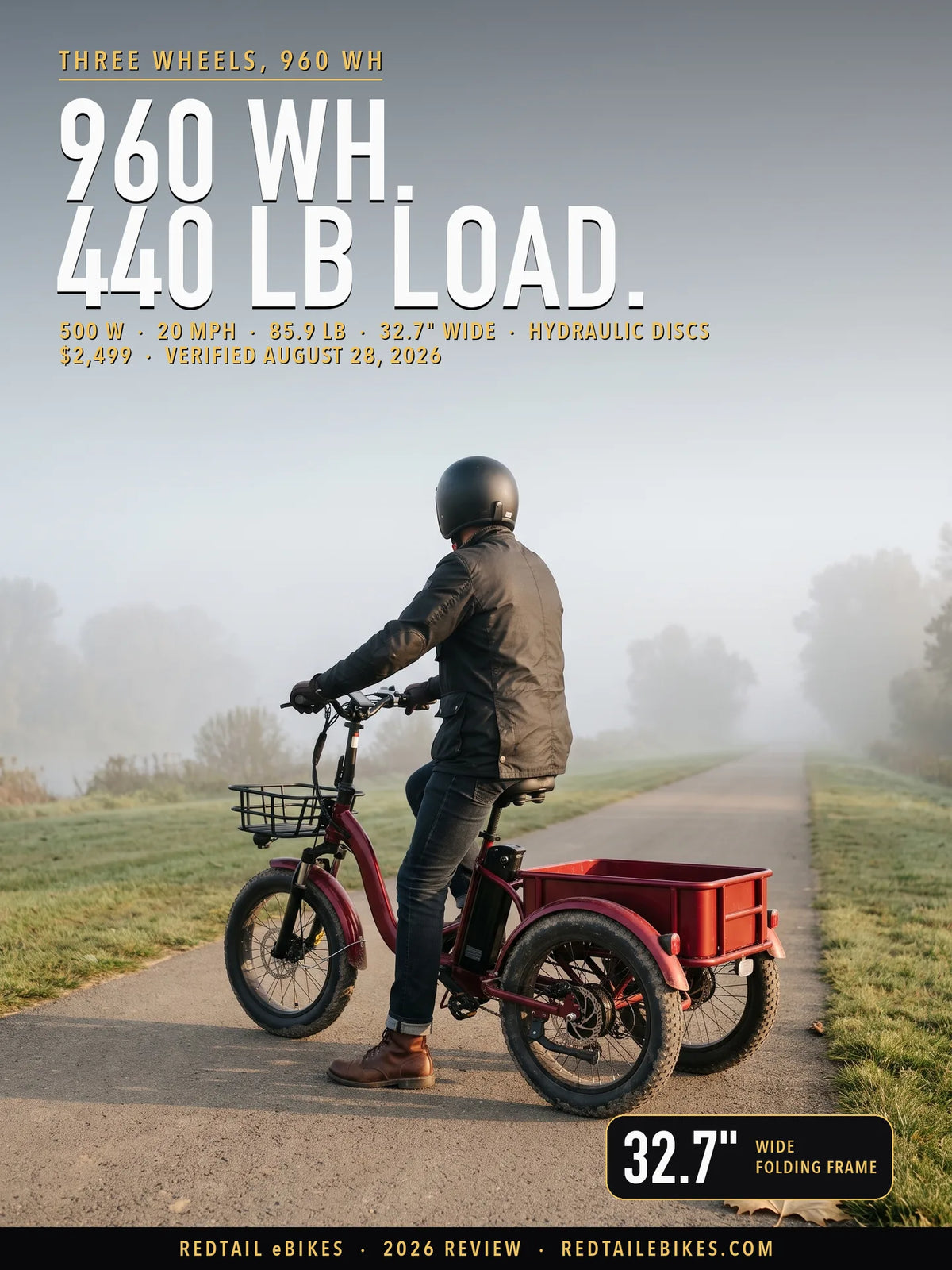 Eunorau NEW-TRIKE 2.0 stopped on a paved river trail, rider seen from behind