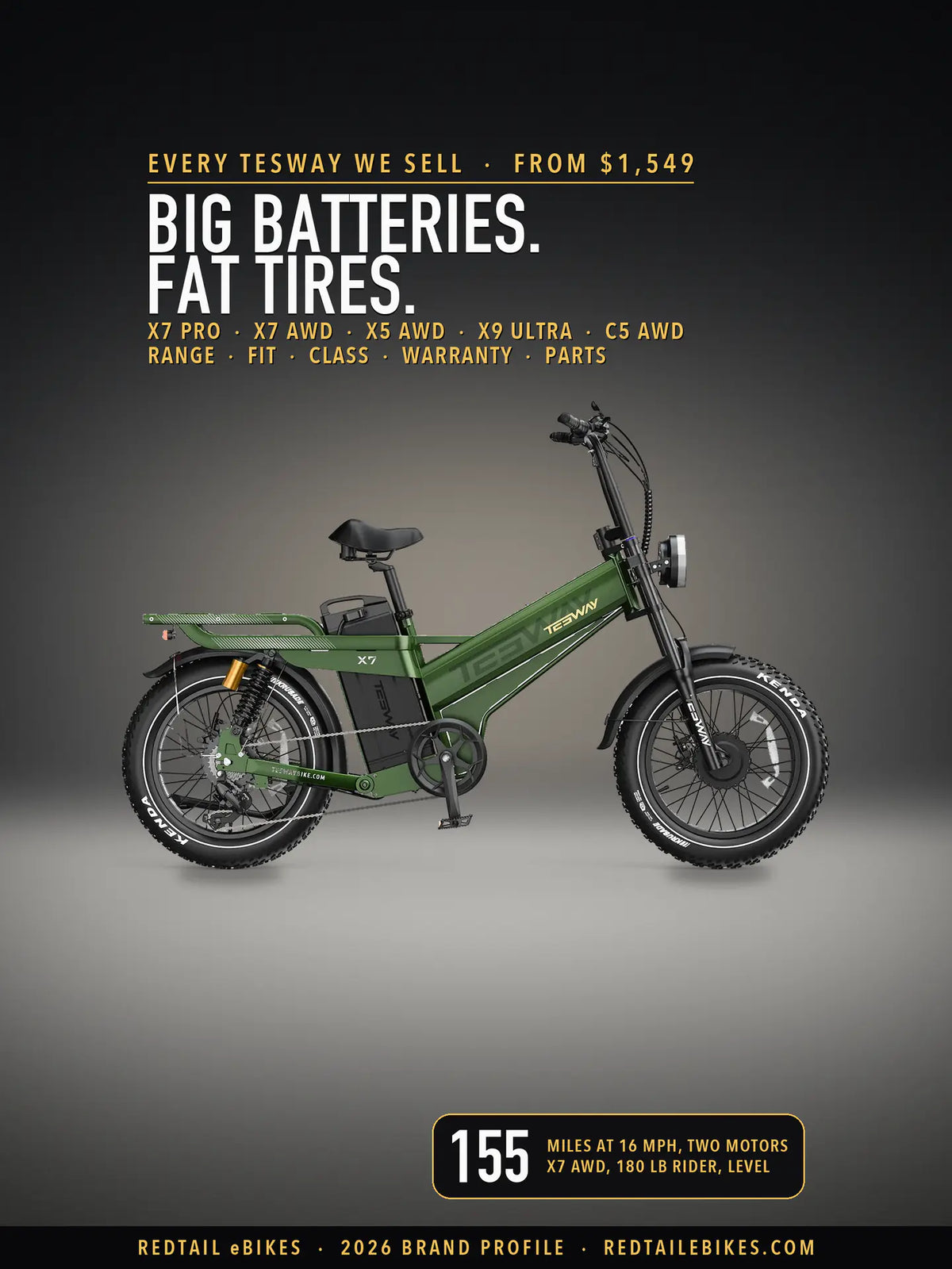 Tesway X7 AWD in Green on a lit studio floor against a dark wall, side view, under the headline Big batteries. Fat tires. and a badge reading 155 miles at 16 mph, two motors, X7 AWD, 180 lb rider, level