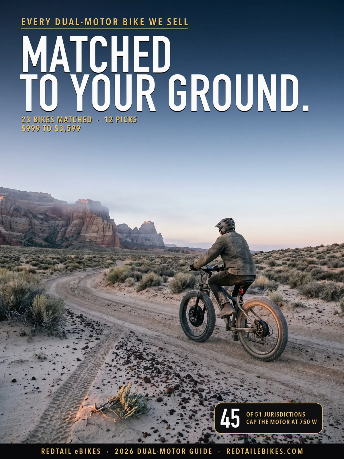 dual motor AWD electric bike cover: a rider on a fat-tire all-wheel-drive electric bike on a dirt route in the San Rafael Swell, Utah, with the headline MATCHED TO YOUR GROUND