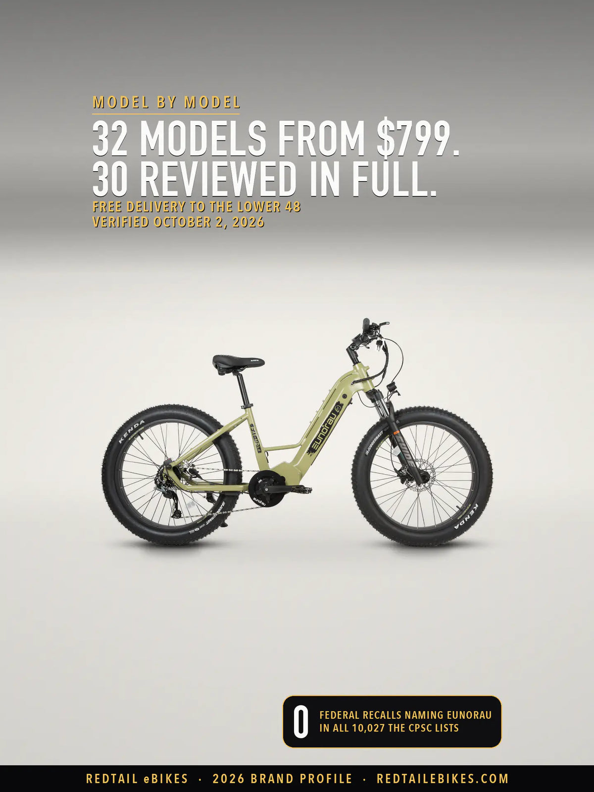 Eunorau FAT-HD 2.0 in Army Green on a light studio floor, side view, under the headline 32 models from $799, 30 reviewed in full