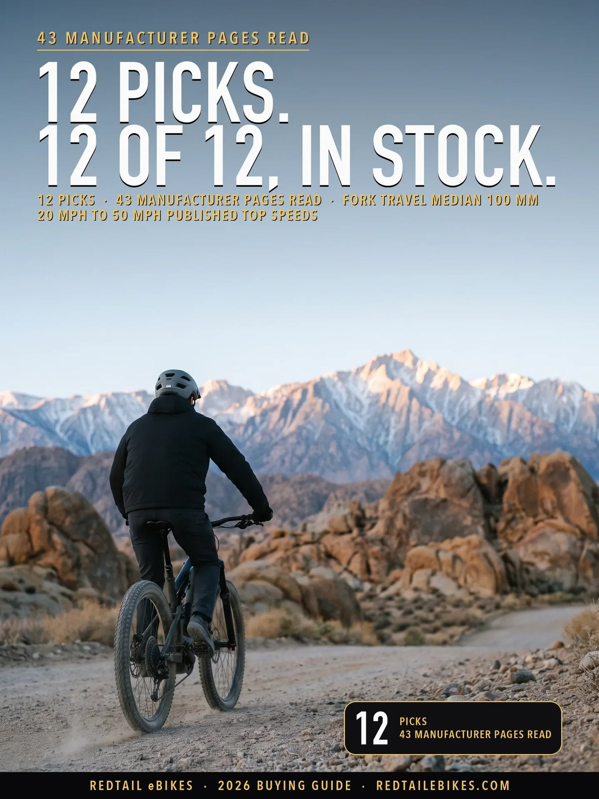electric mountain bike cover: a rider on an electric bike at Movie Road, Alabama Hills National Scenic Area, BLM, Lone Pine, California, with the headline 12 PICKS 12 OF 12, IN STOCK and the stat 12 picks