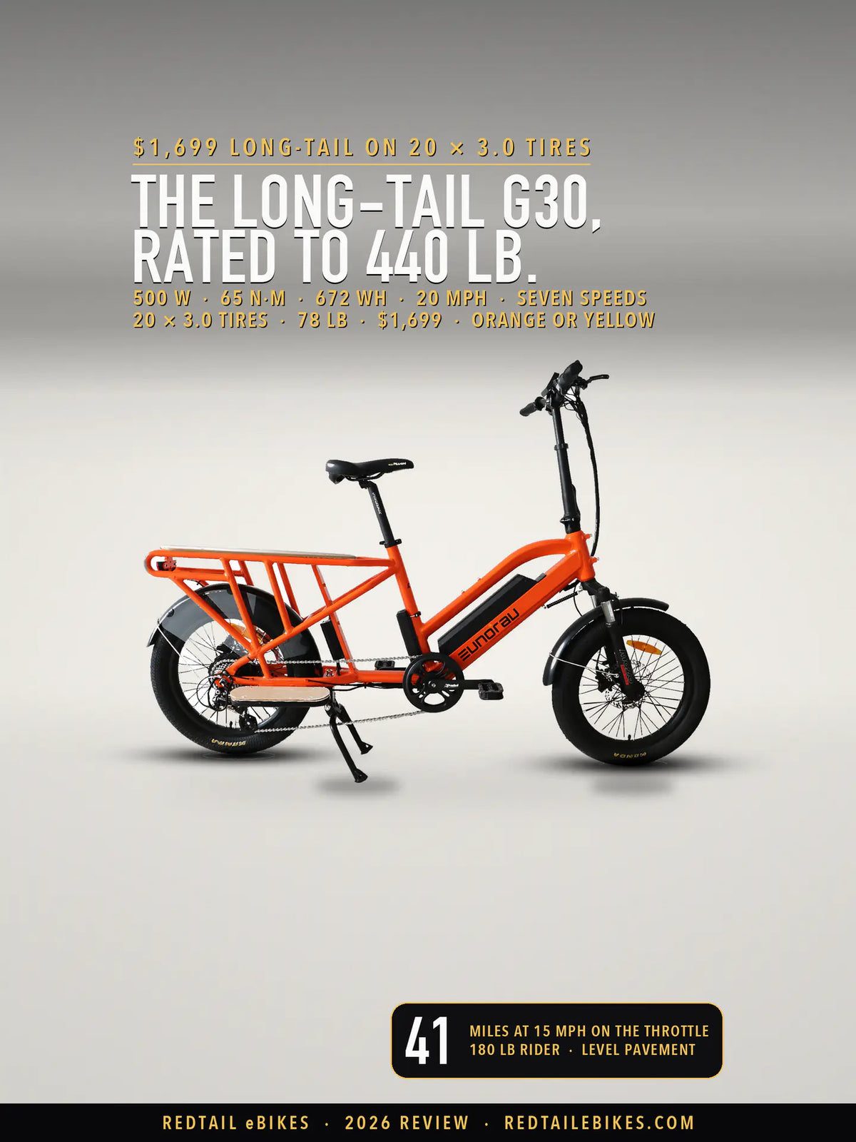 The Eunorau G30-CARGO 2.0 long-tail cargo e-bike in Orange, drive side, on a light studio floor