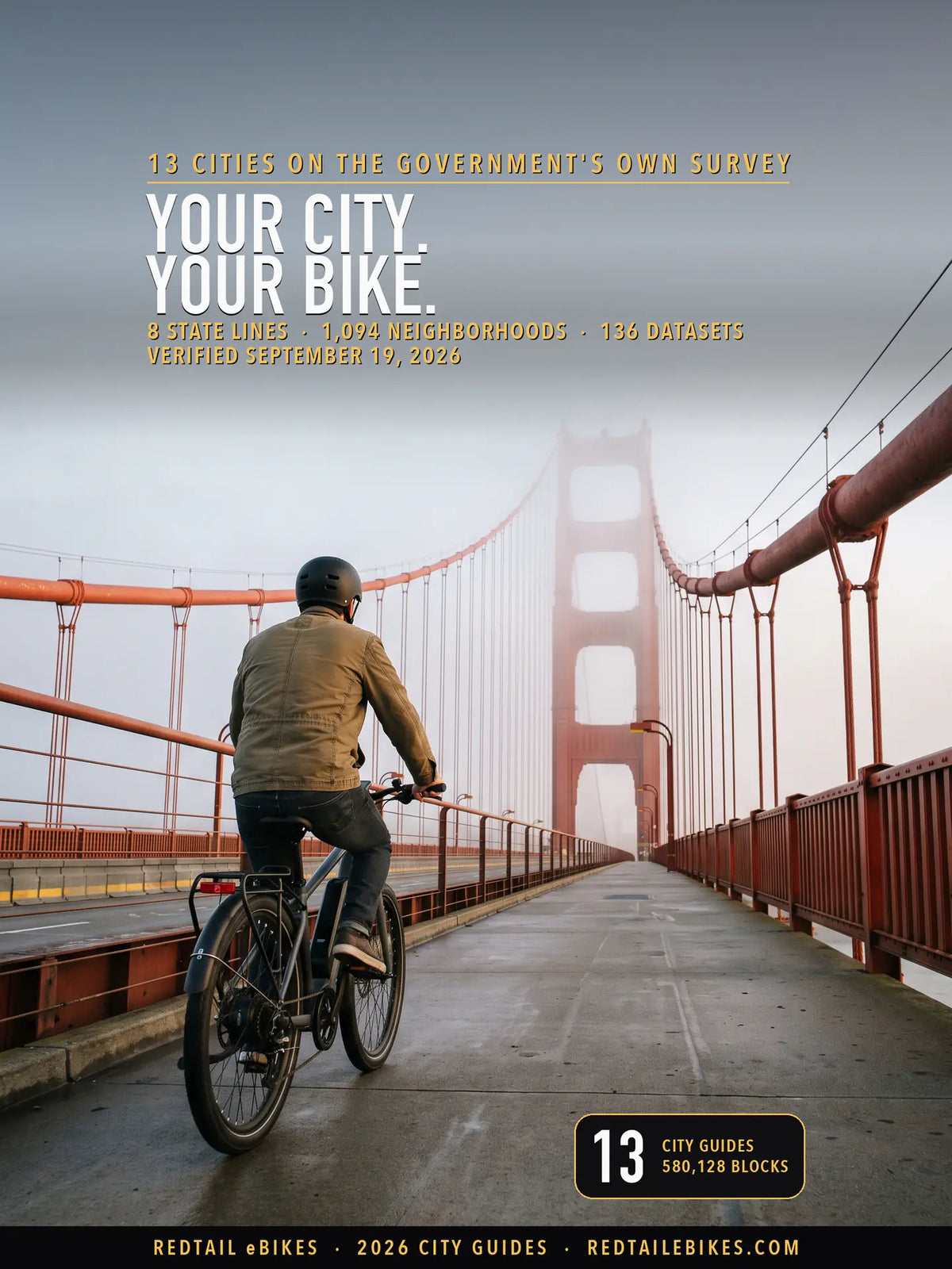 A rider on the Golden Gate Bridge's east sidewalk at dawn in fog, riding toward the north tower