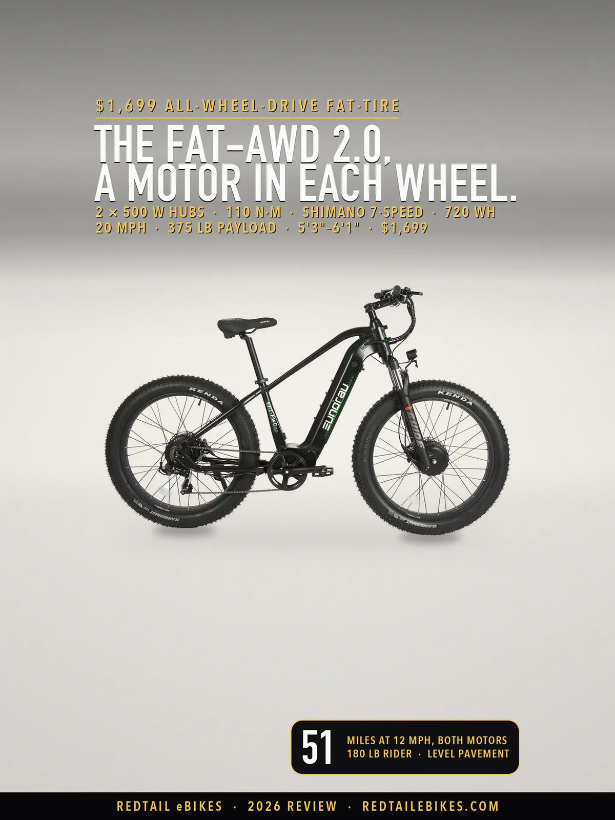 The Eunorau FAT-AWD 2.0 all-wheel-drive fat-tire e-bike in Raven, chain side, on a light studio floor