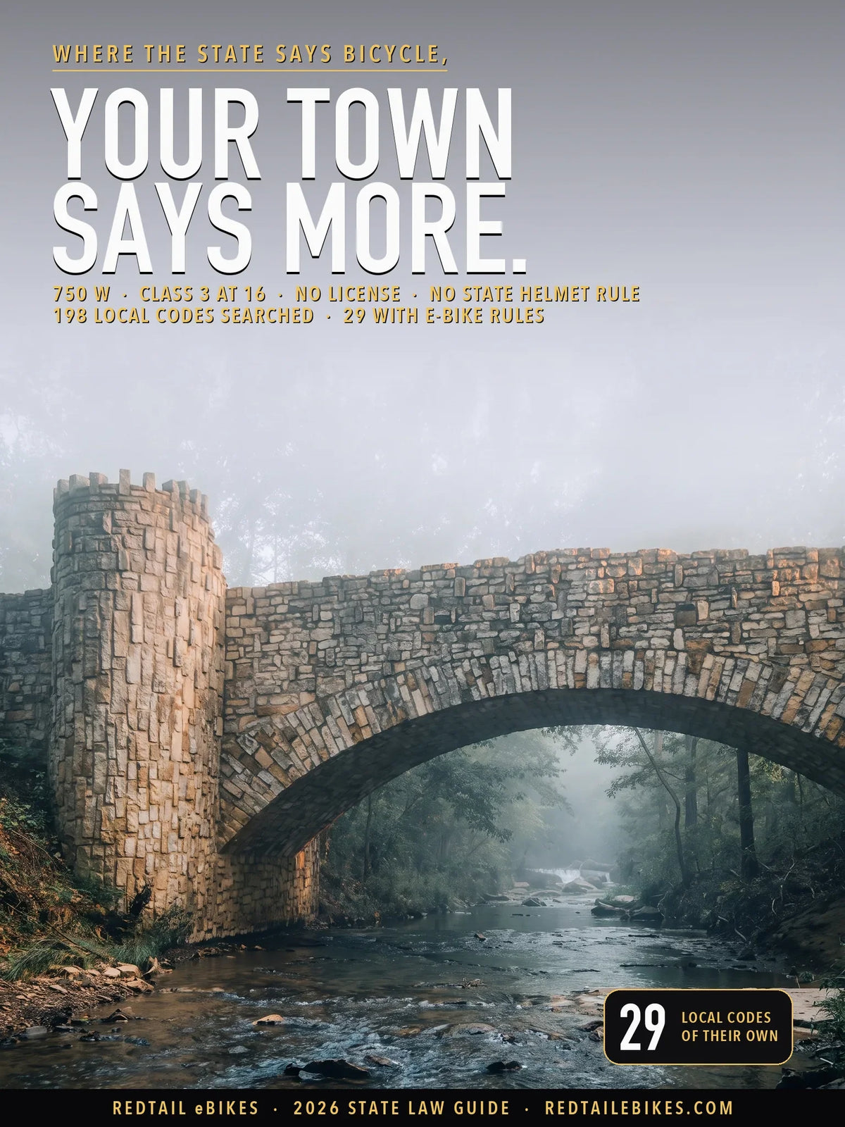 Oklahoma eBike Laws 2026 cover: the headline YOUR TOWN SAYS MORE. over Lincoln Bridge in Chickasaw National Recreation Area, a low stone arch and a round crenellated tower over a woodland creek in morning mist