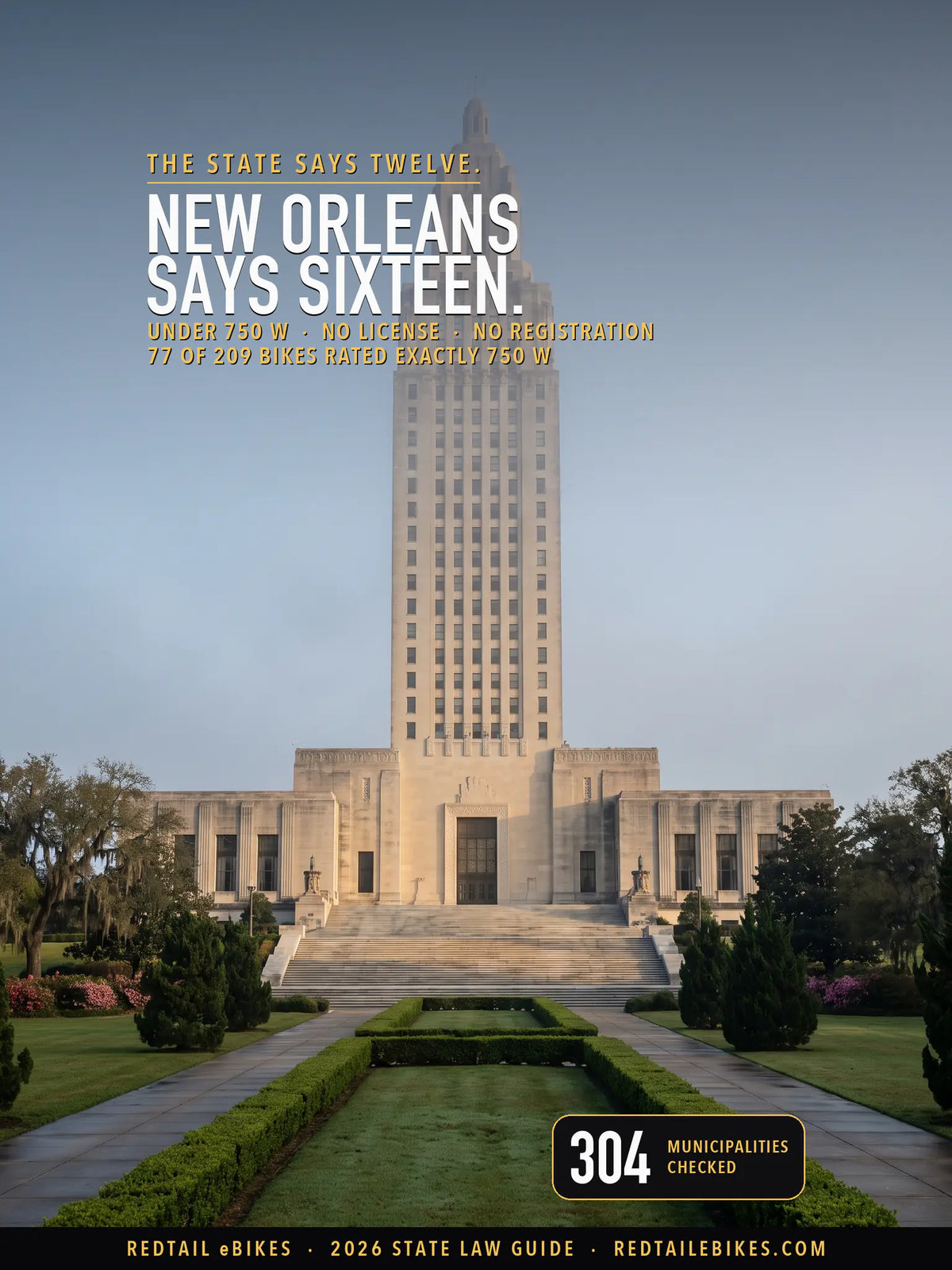 Louisiana eBike Laws 2026 cover: the headline NEW ORLEANS SAYS SIXTEEN. over the Louisiana State Capitol in Baton Rouge, its Art Deco limestone tower rising from the formal gardens at first light