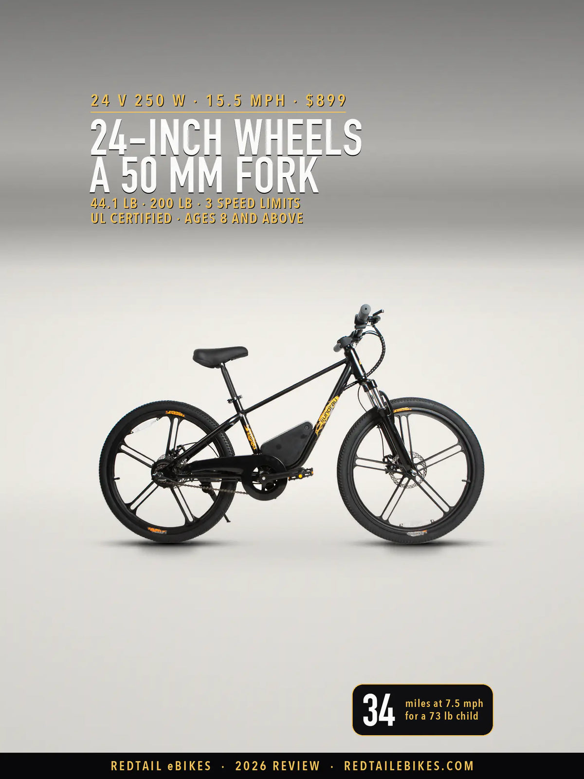 Cover: Eunorau EKIDS24 kids' electric bike in Obsidian, side view on a light studio floor. Type reads 24 V 250 W, 15.5 MPH, $899; 24-Inch Wheels, A 50 MM Fork; 34 miles at 7.5 mph for a 73 lb child.