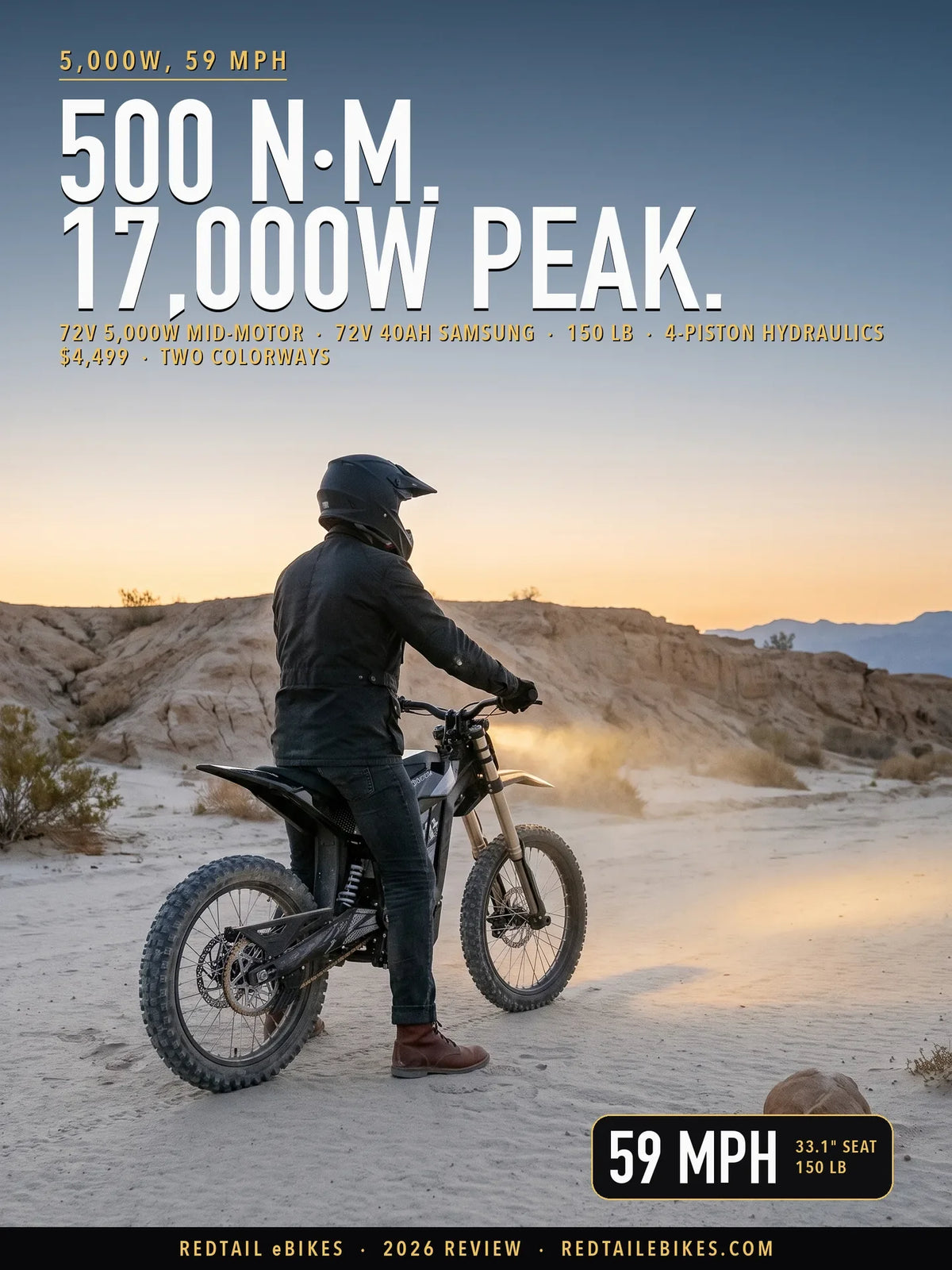 Eunorau R1+ electric dirt bike stopped on open desert sand at dawn, rider seen from behind