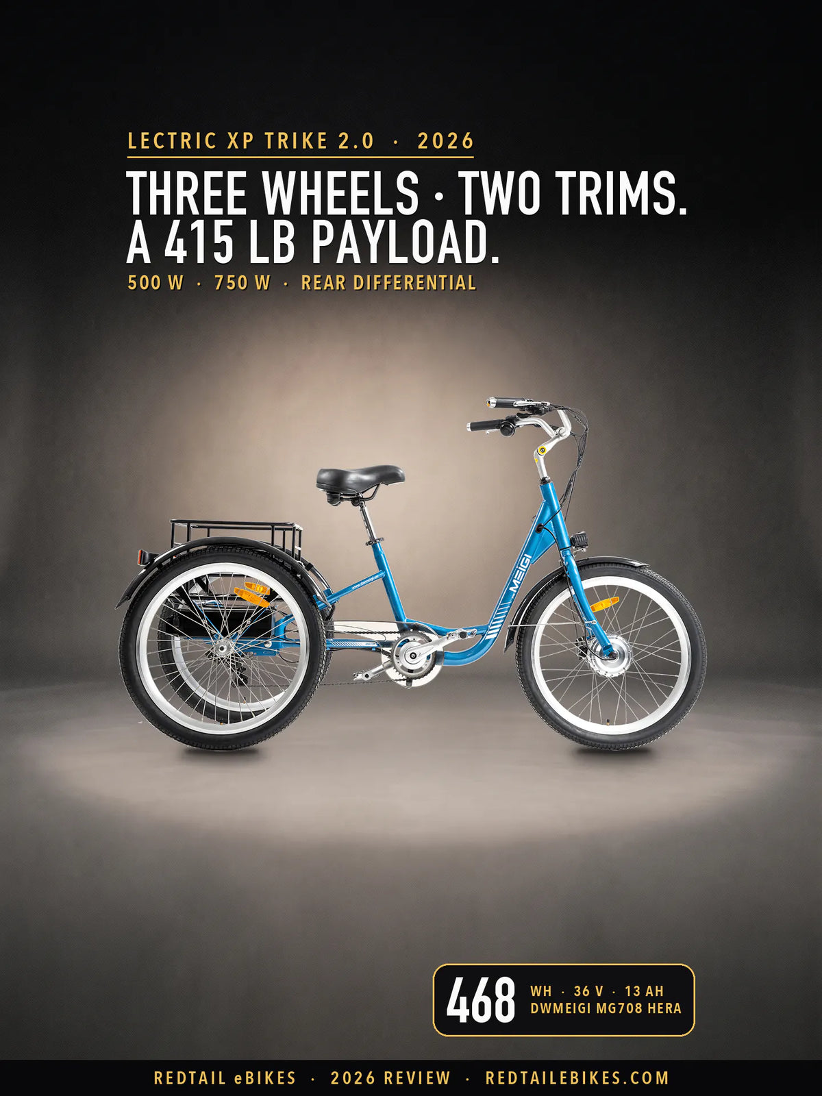 Lectric XP Trike 2.0 review cover: three wheels, two trims, a 415 lb payload, over the DWMEIGI MG708 Hera in Blue, one of the two trikes we sell beside it, DWMEIGI's own photograph set in a generated studio