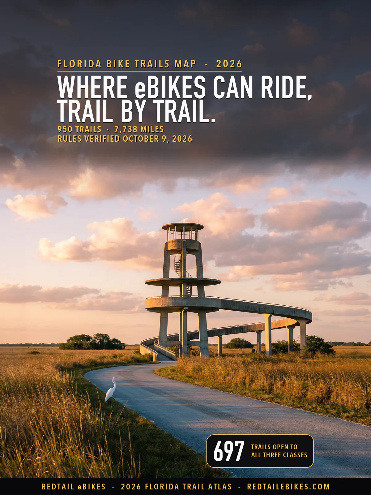 Florida bike trails map 2026 cover: WHERE eBIKES CAN RIDE, TRAIL BY TRAIL over the Shark Valley Tram Road curving through golden sawgrass to the concrete observation tower in Everglades National Park, with a stat of 697 trails open to all three classes