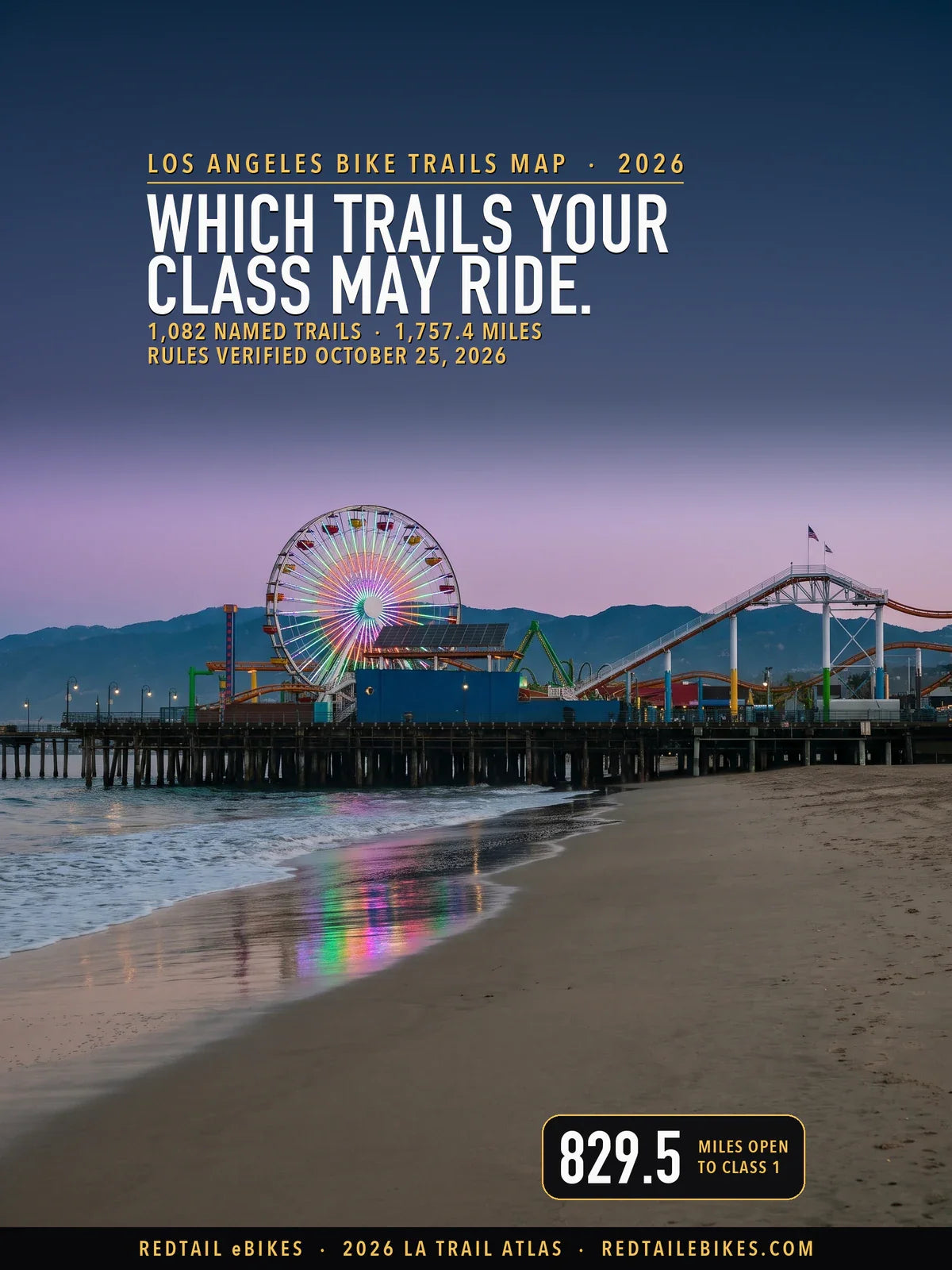 Los Angeles bike trails map 2026 cover: WHICH TRAILS YOUR CLASS MAY RIDE above the Santa Monica Pier's Pacific Wheel at blue hour, with a stat of 829.5 miles open to Class 1