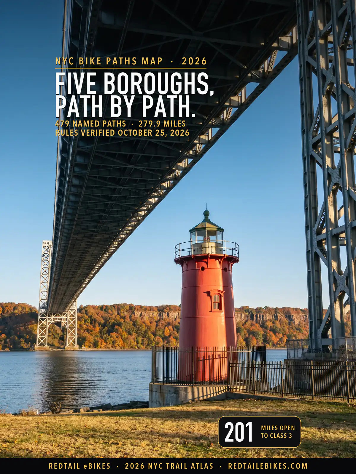 NYC bike paths map 2026 cover: FIVE BOROUGHS, PATH BY PATH above the Little Red Lighthouse under the George Washington Bridge in Fort Washington Park, with a stat of 201 miles open to Class 3