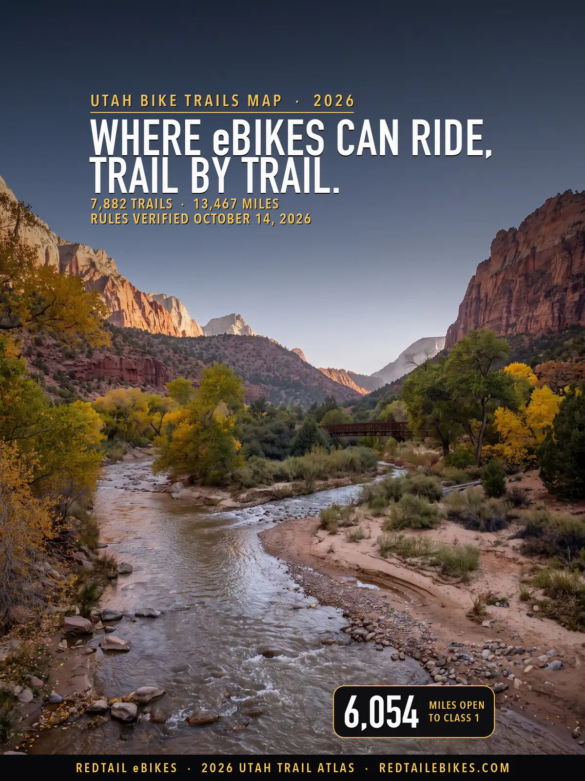 Utah bike trails map 2026 cover: WHERE eBIKES CAN RIDE, TRAIL BY TRAIL above the Virgin River and autumn cottonwoods in Zion Canyon beside the Pa'rus Trail in Zion National Park, with a stat of 6,054 miles open to Class 1